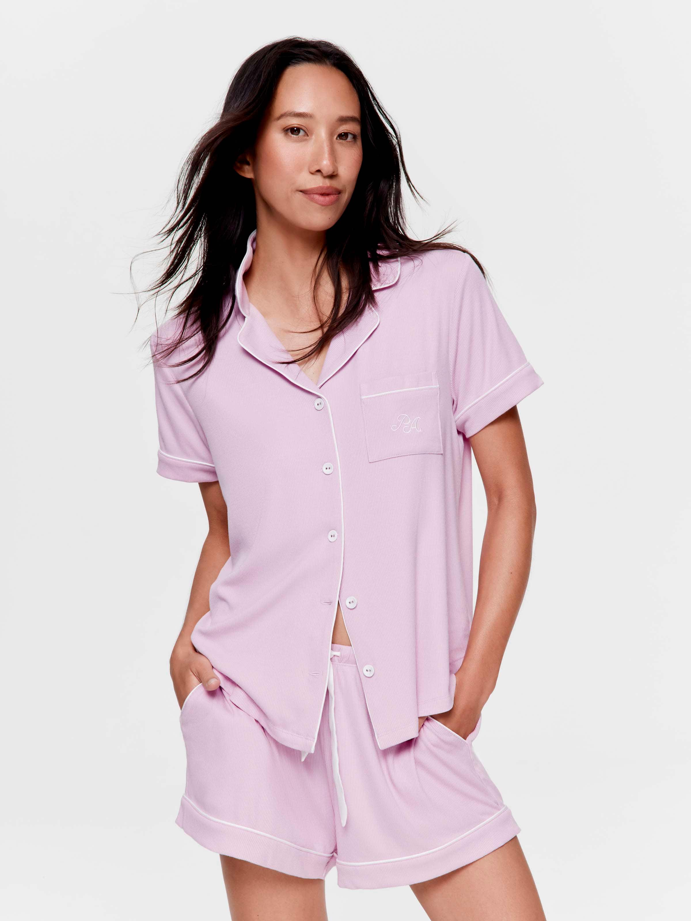 Lilac Bamboo Rib Shortie Pj Set