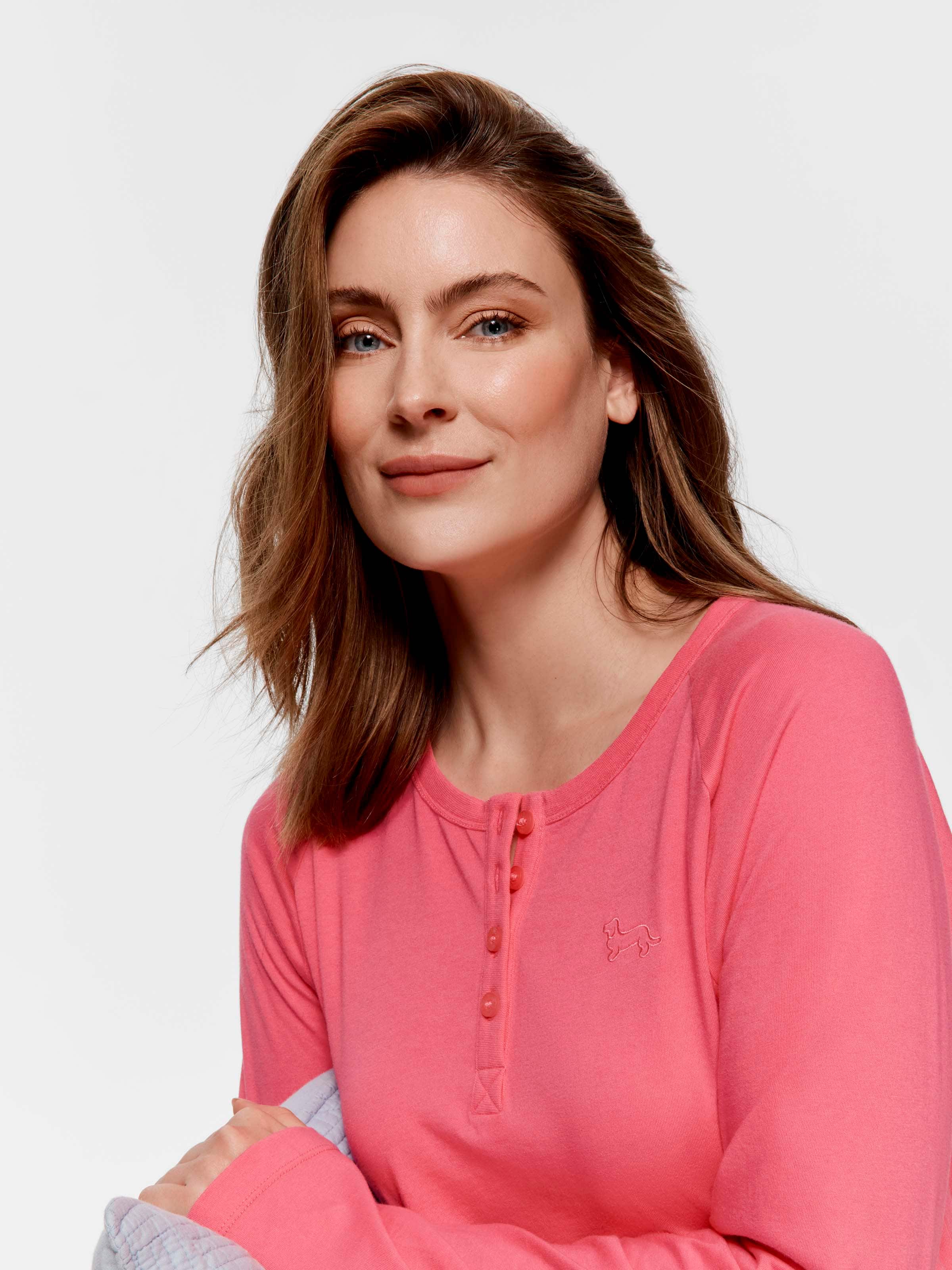 Hot Pink 100% Cotton Henley Long Sleeve Top