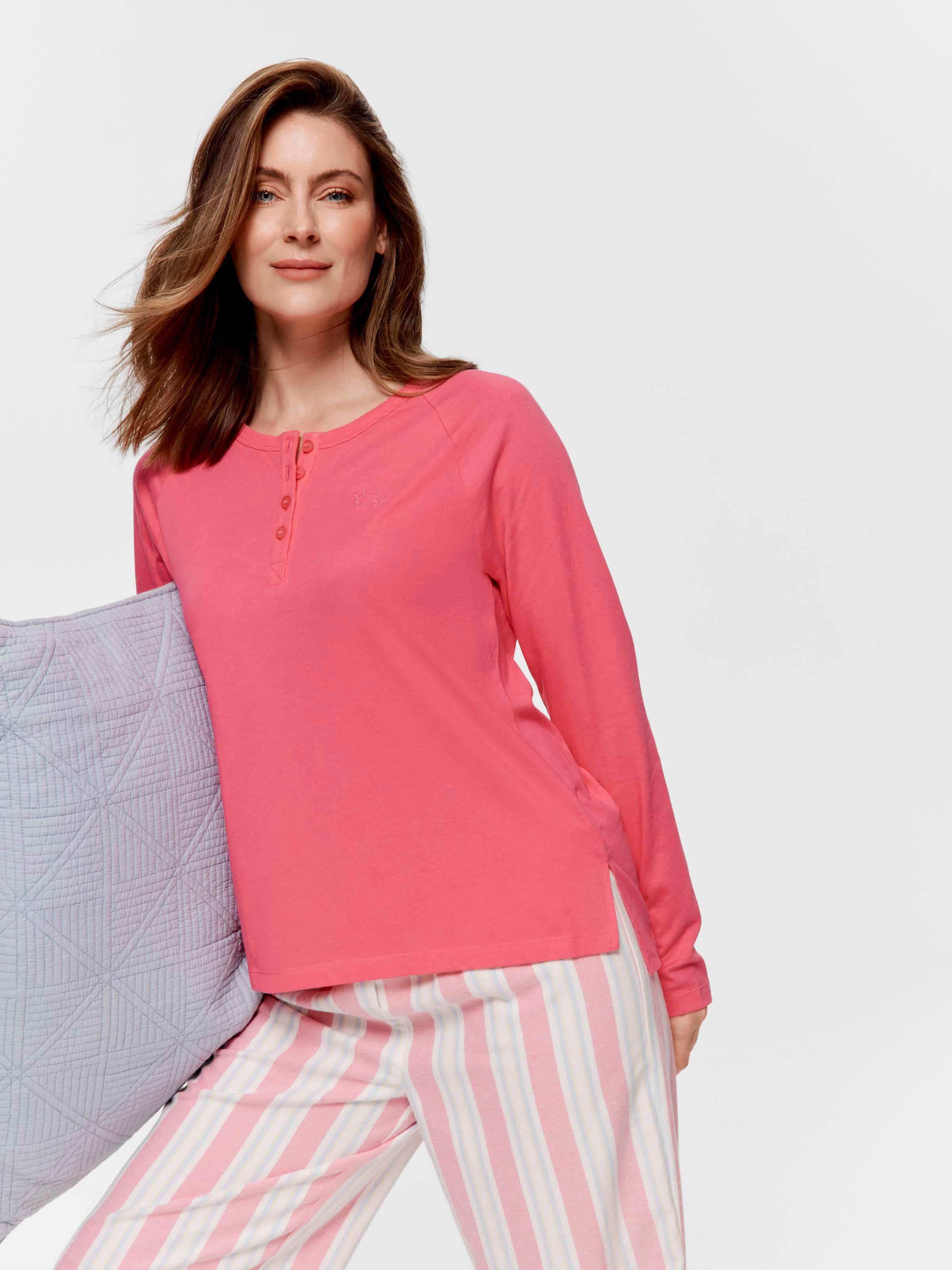 Hot Pink 100% Cotton Henley Long Sleeve Top