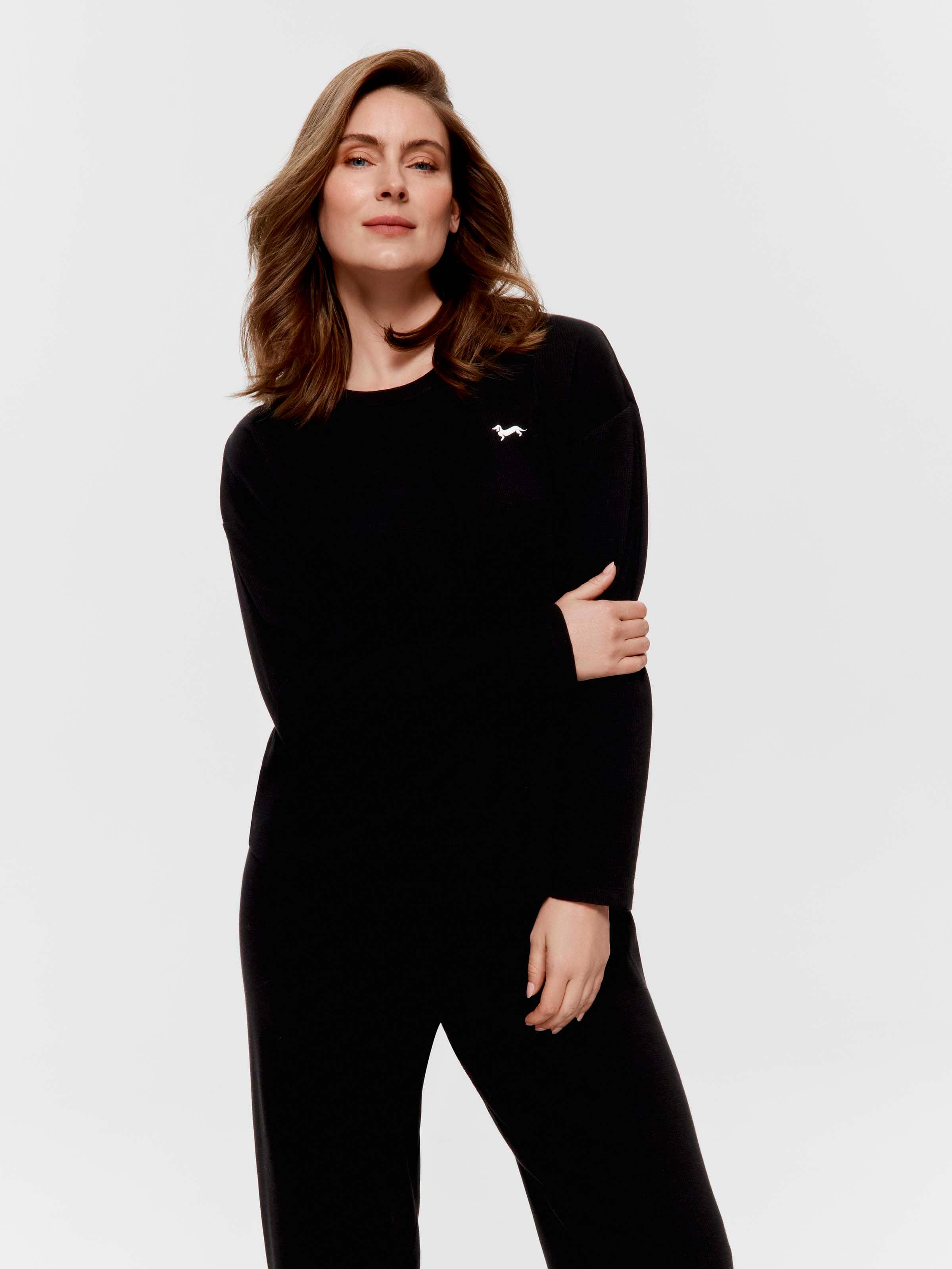 Black Waffle Oversized Long Sleeve Top