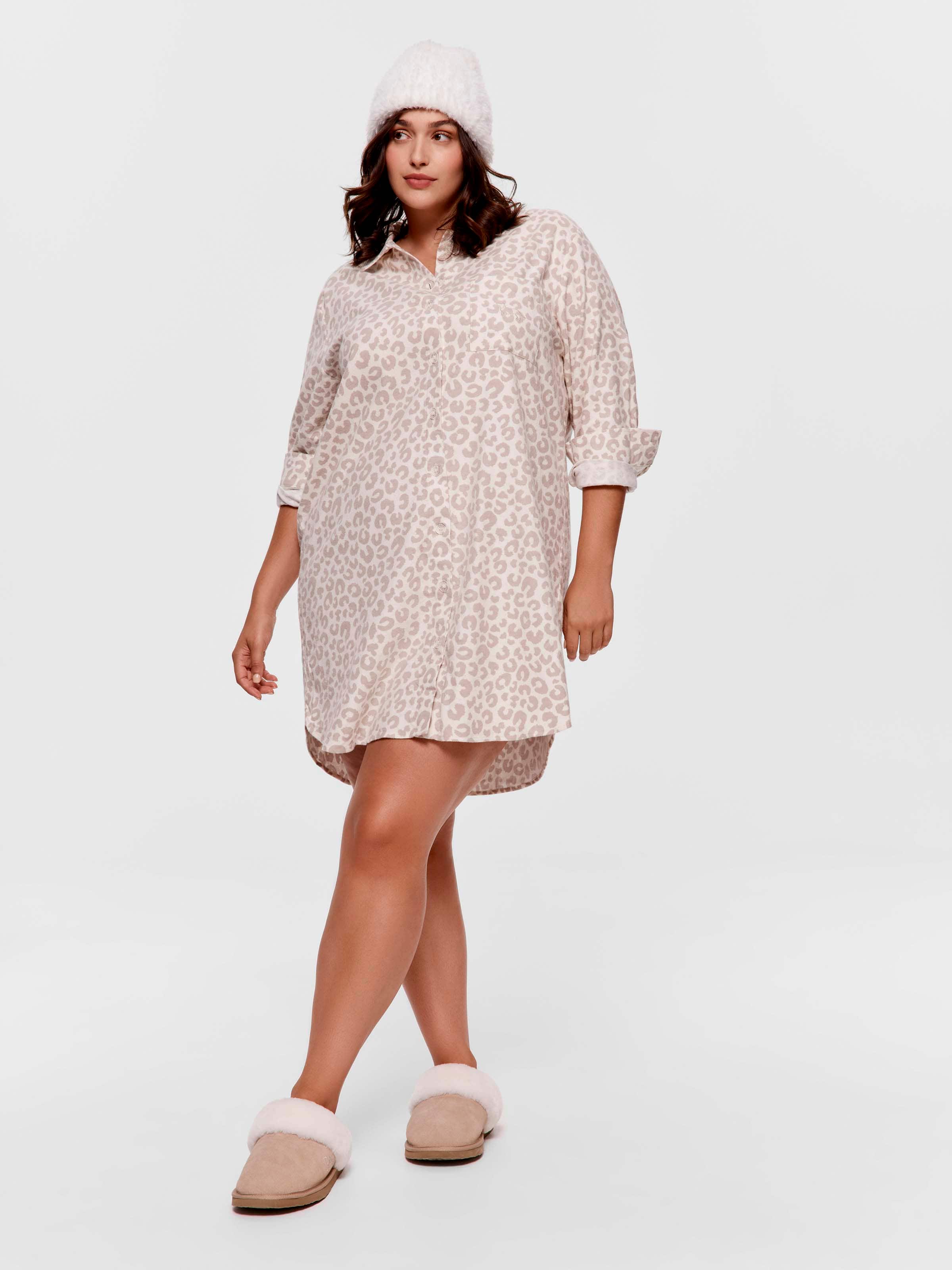 P.A. Plus Leopard 100% Cotton Flannelette Long Sleeve Nightshirt