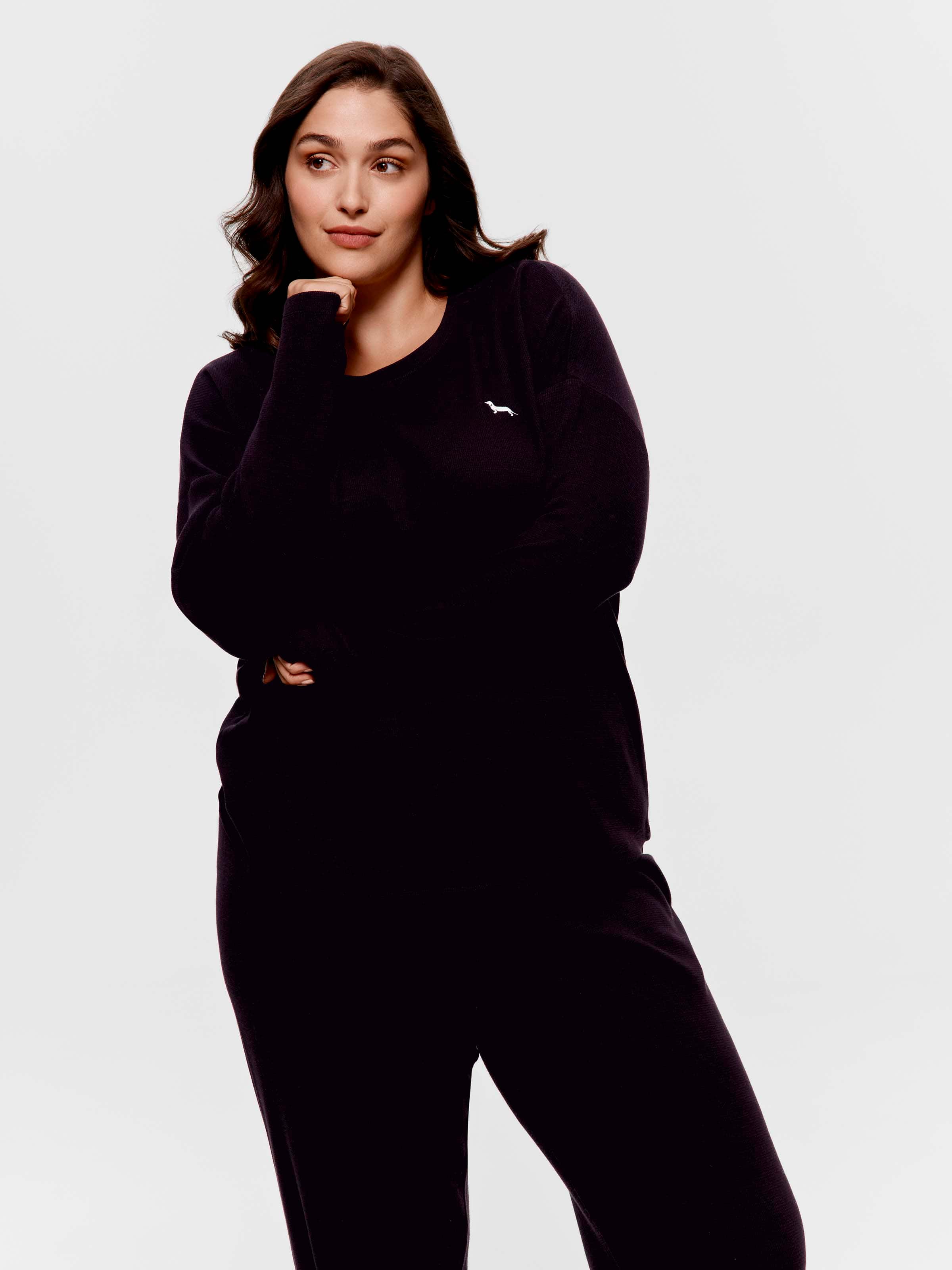 P.A. Plus Black Waffle Oversized Long Sleeve Top