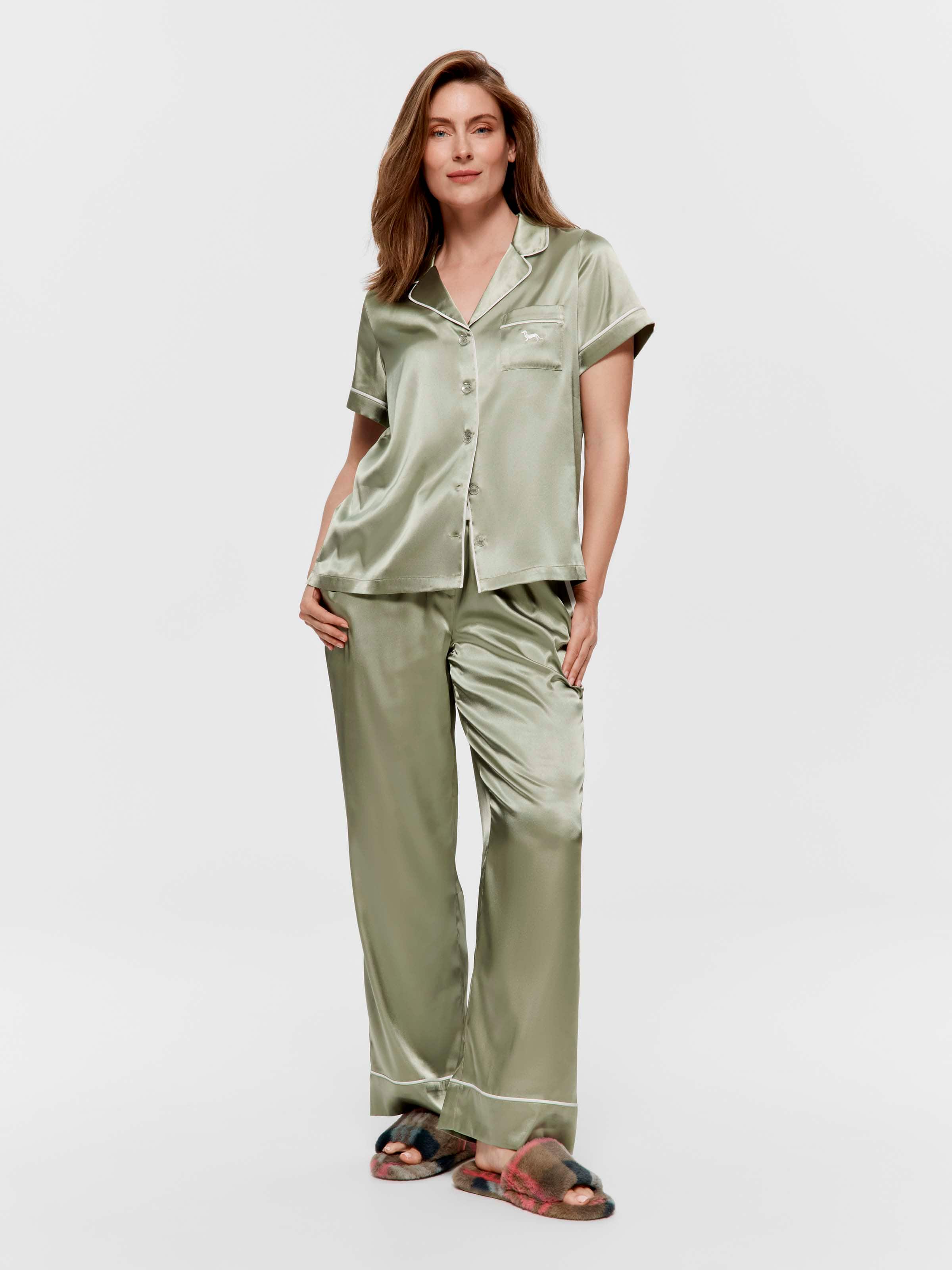 Sage Chic Satin Short Sleeve & Pant Pj Set