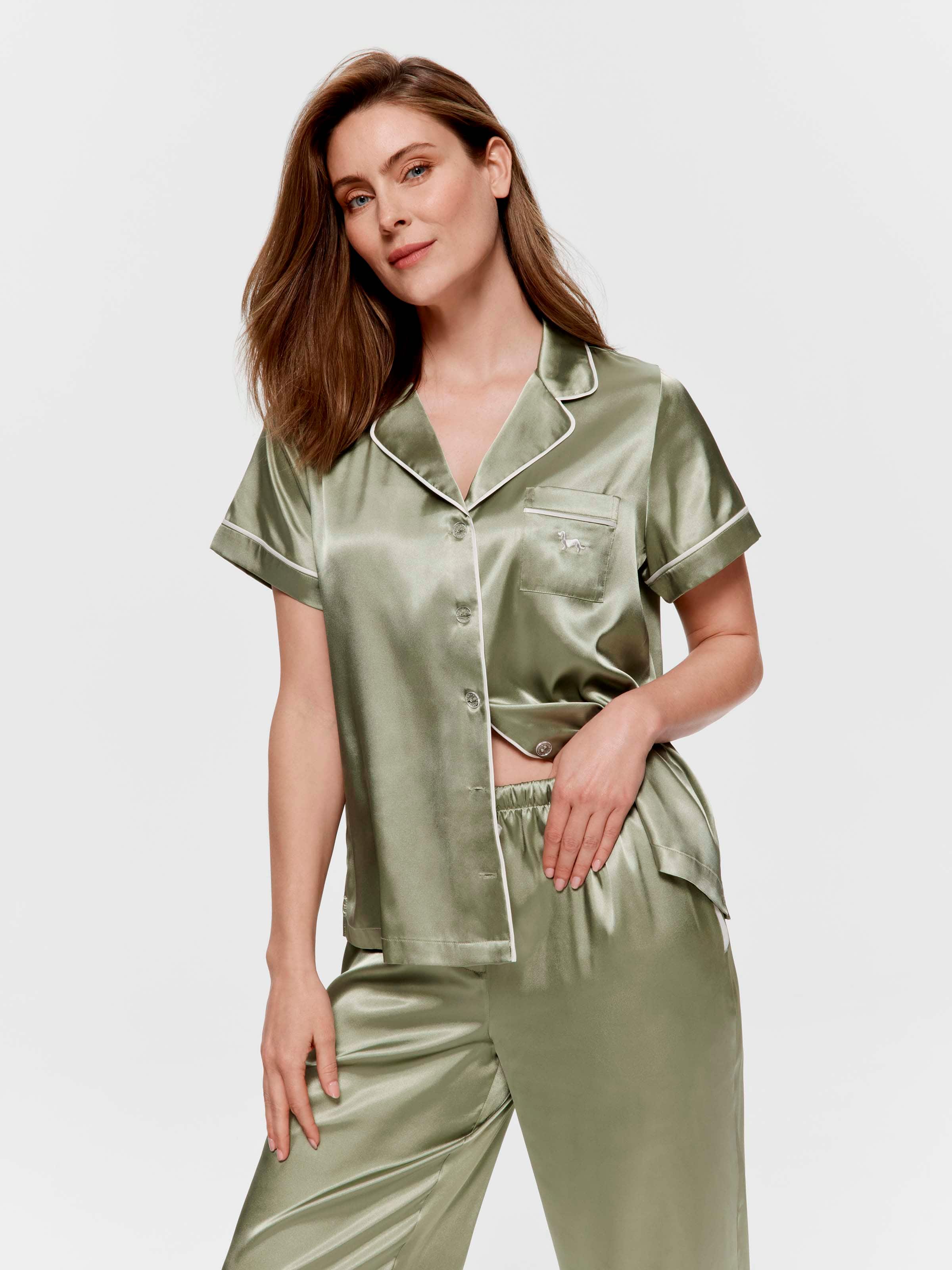 Sage Chic Satin Short Sleeve & Pant Pj Set