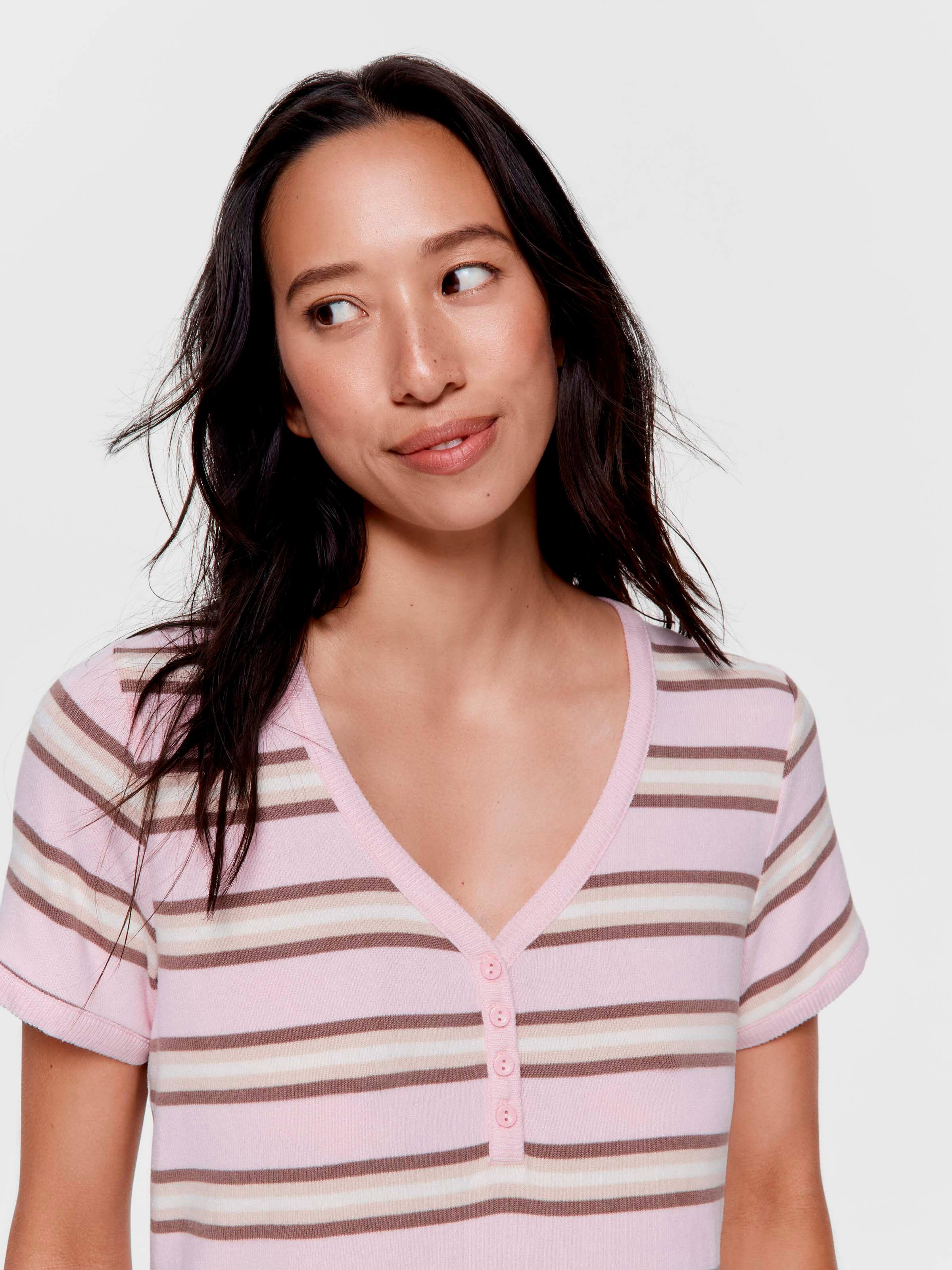 Pink Caramel Fuzzy Stripe Henley Tee
