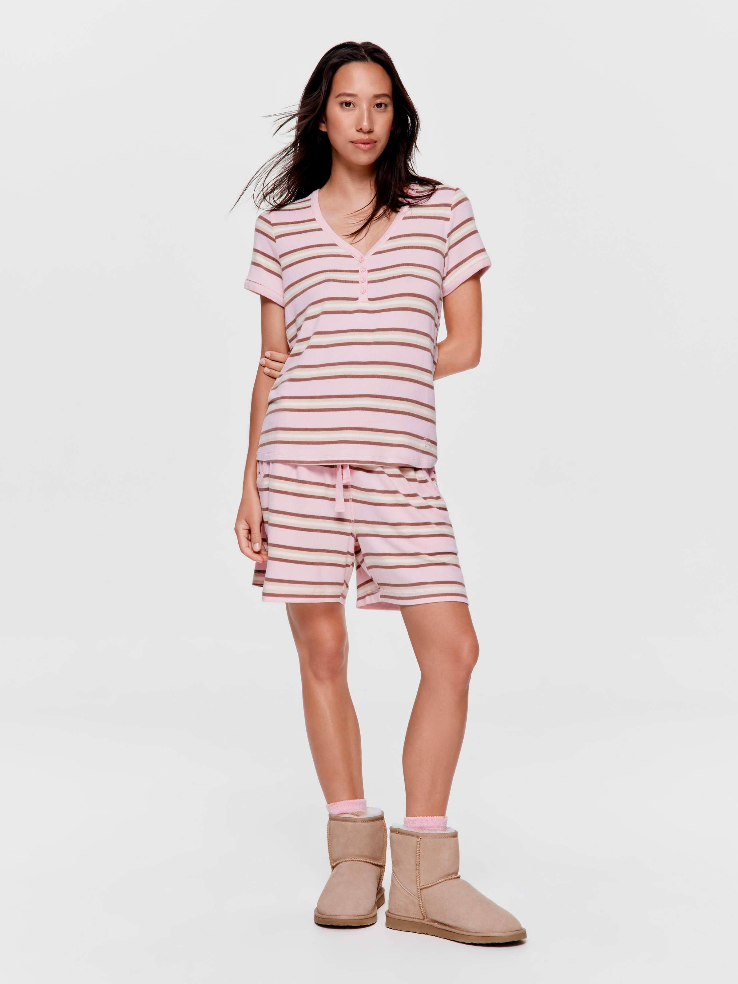 Pink Caramel Fuzzy Stripe Henley Tee