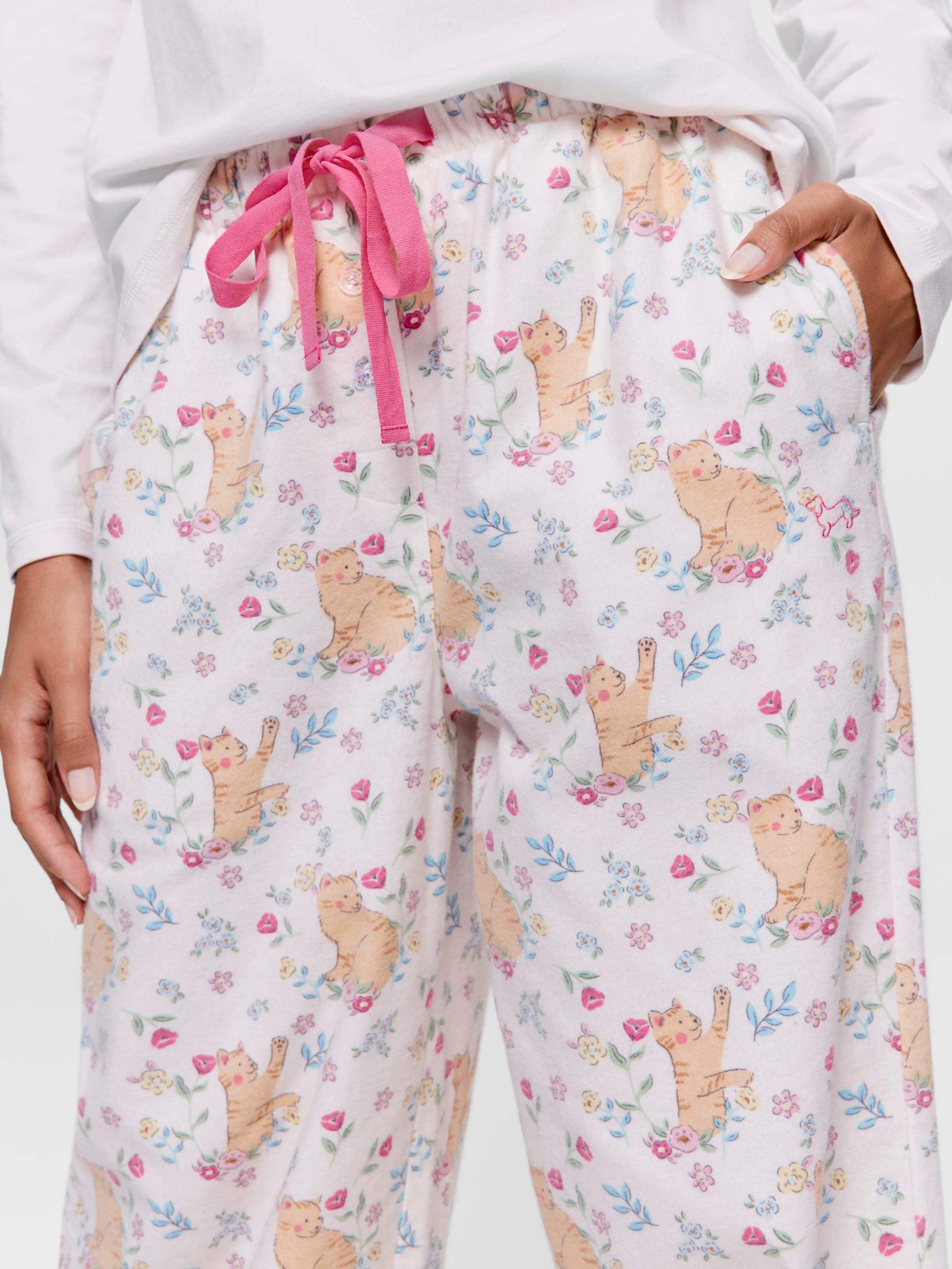 Floral Cat 100% Cotton Flannelette Classic Pj Pant