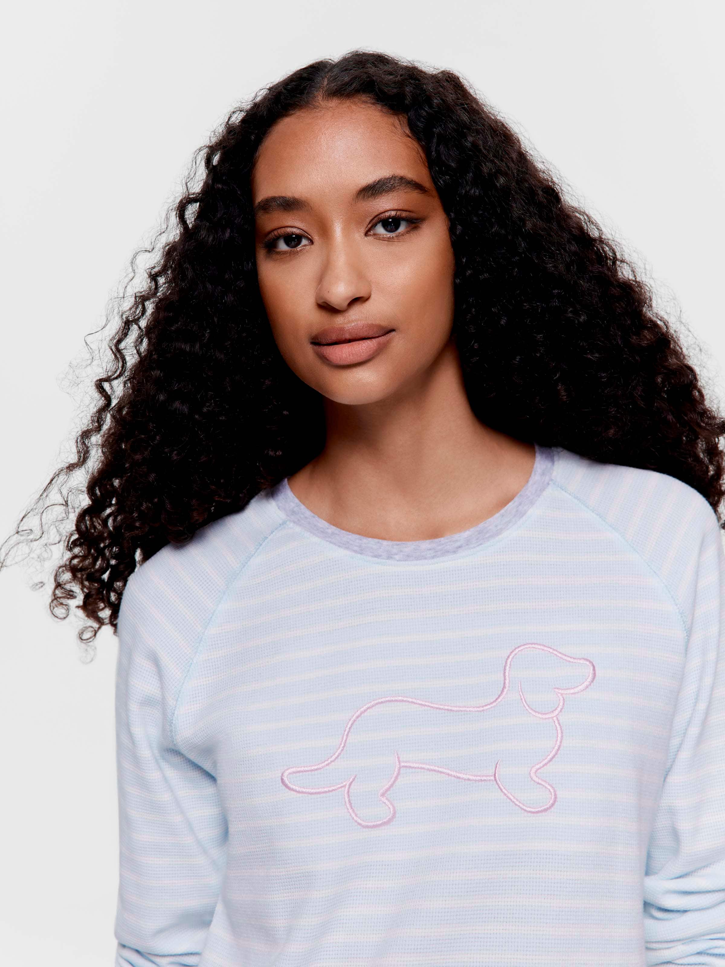 Blue Stripe Waffle Long Sleeve Top