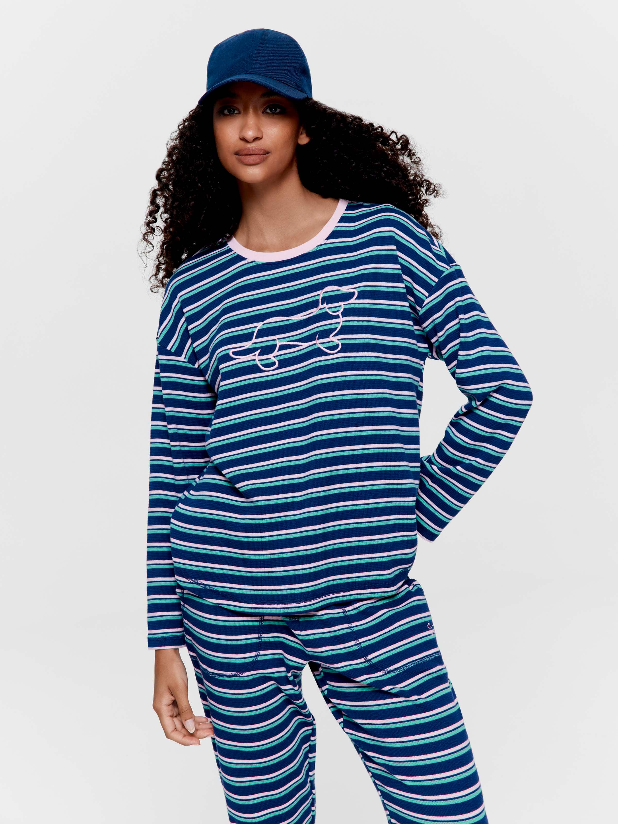 Navy Stripe Logo Waffle Long Sleeve Top