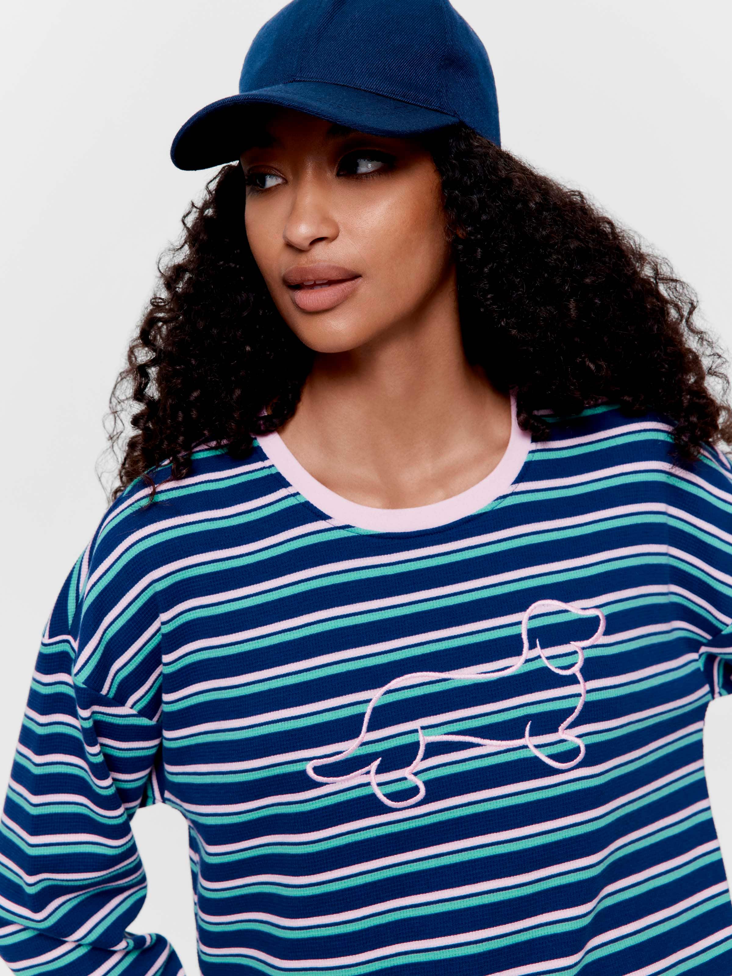 Navy Stripe Logo Waffle Long Sleeve Top