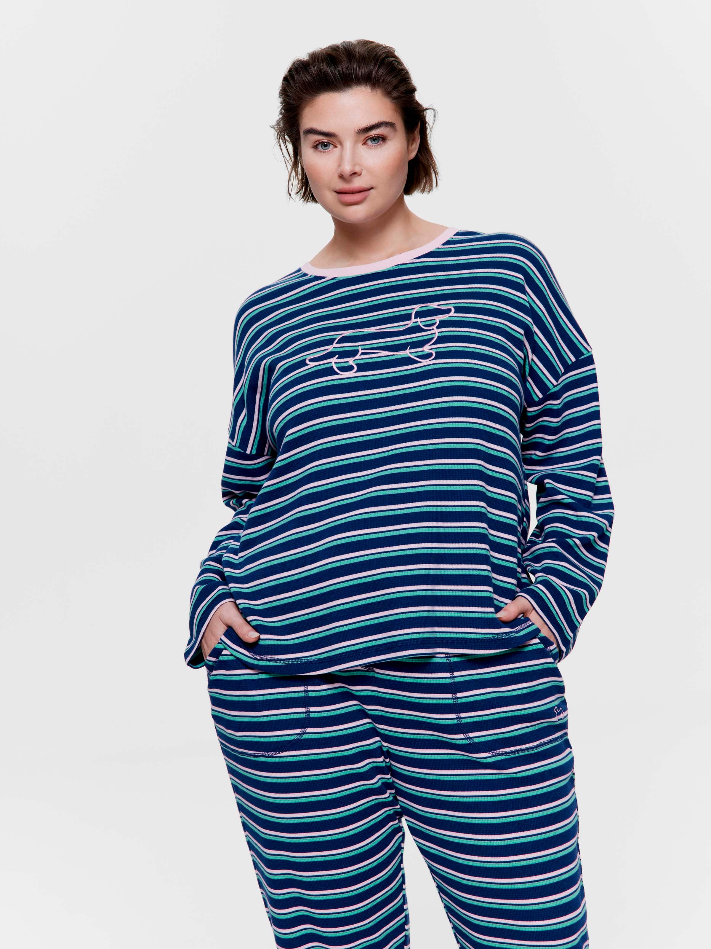 P.A. Plus Navy Stripe Logo Waffle Long Sleeve Top