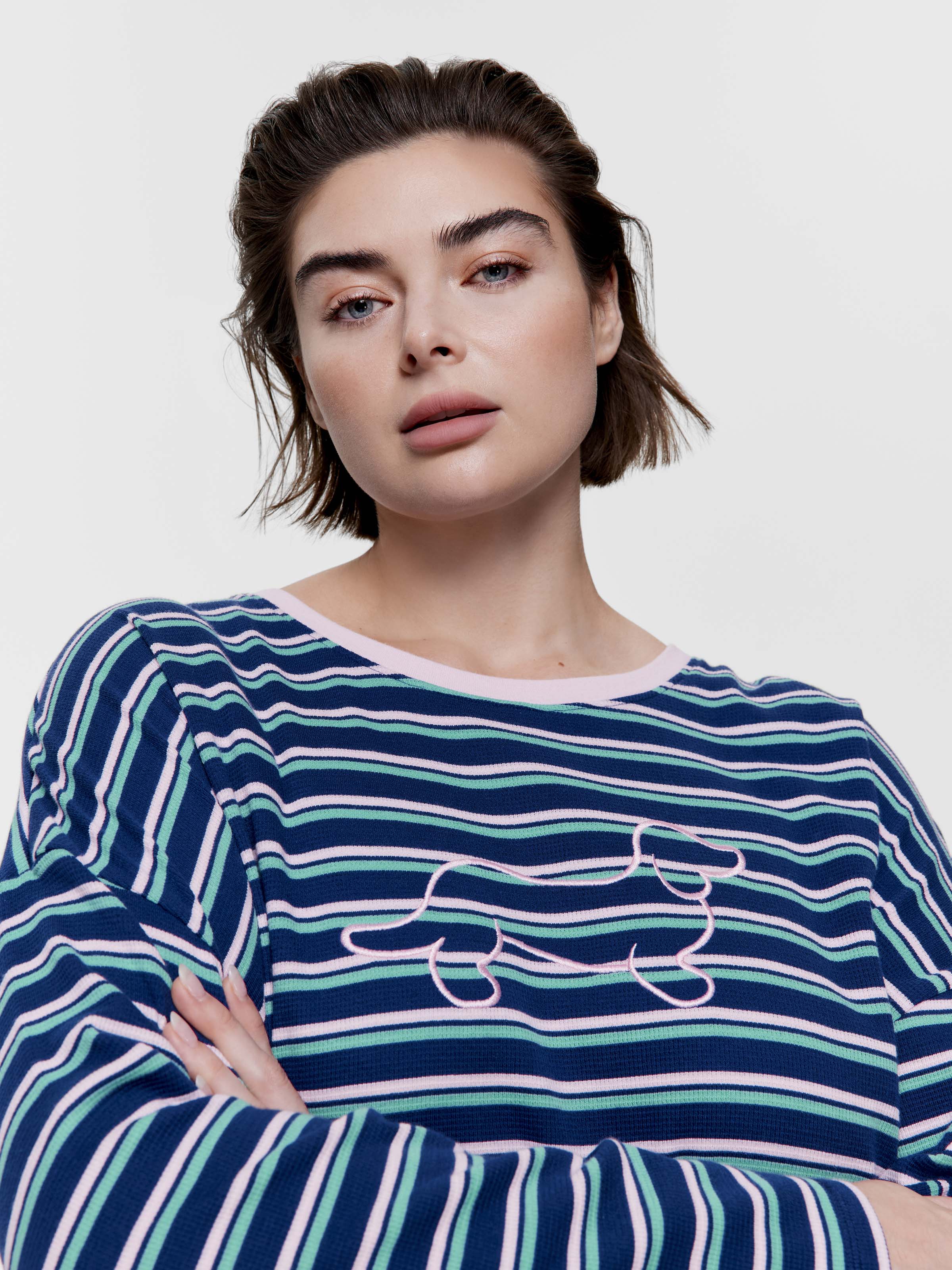 P.A. Plus Navy Stripe Logo Waffle Long Sleeve Top