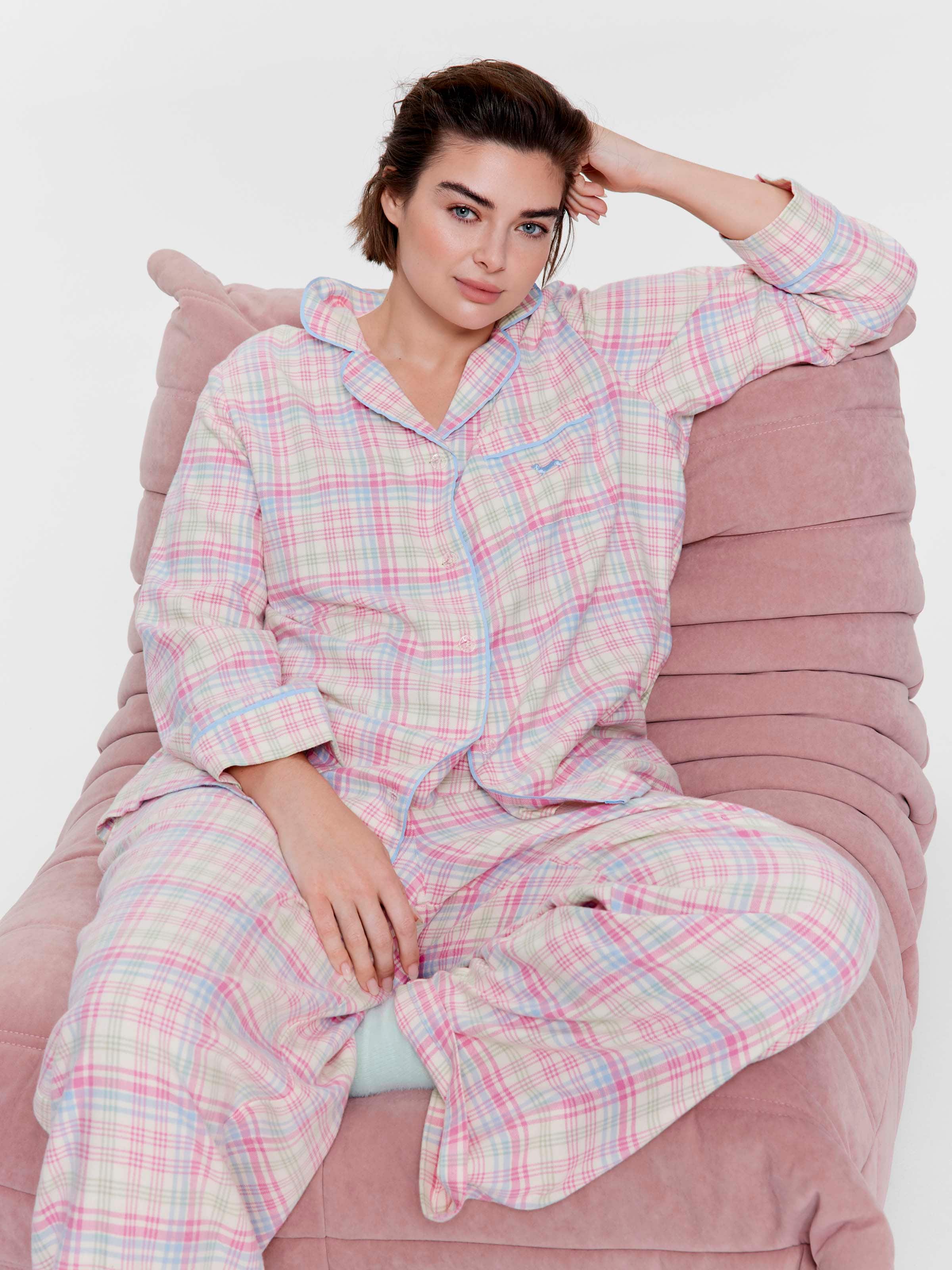 P.A. Plus Pastel Check 100% Cotton Flannelette Classic Pj Set