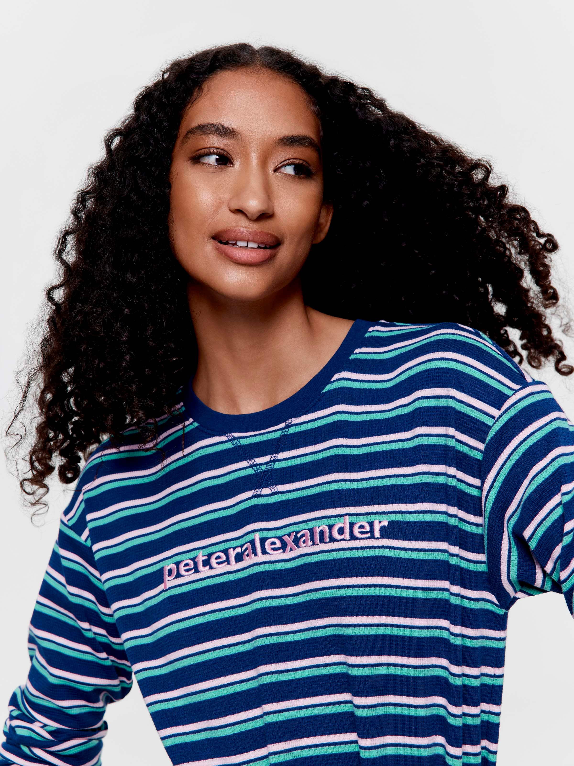 Navy Stripe Waffle Long Sleeve Nightie