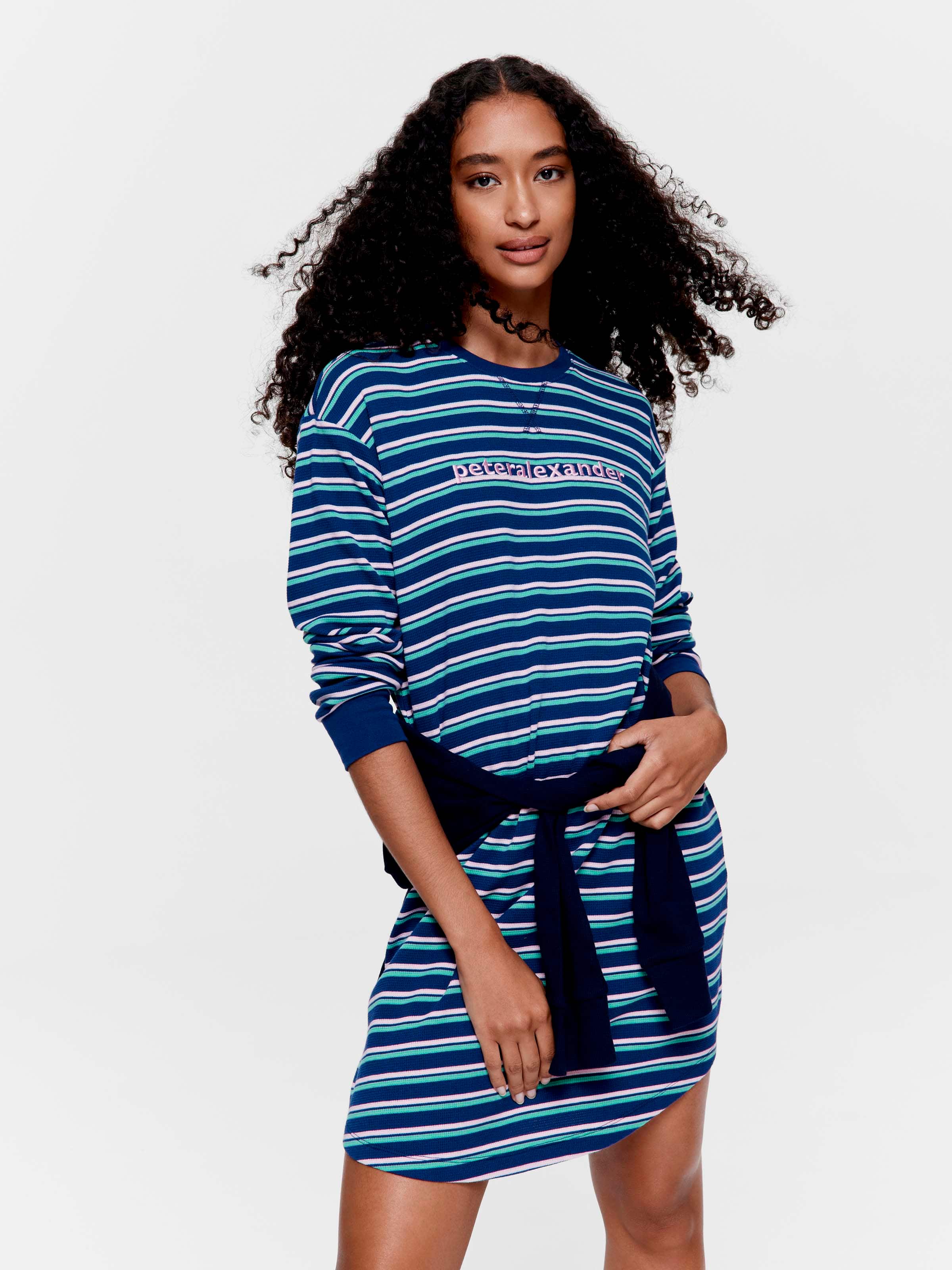 Navy Stripe Waffle Long Sleeve Nightie