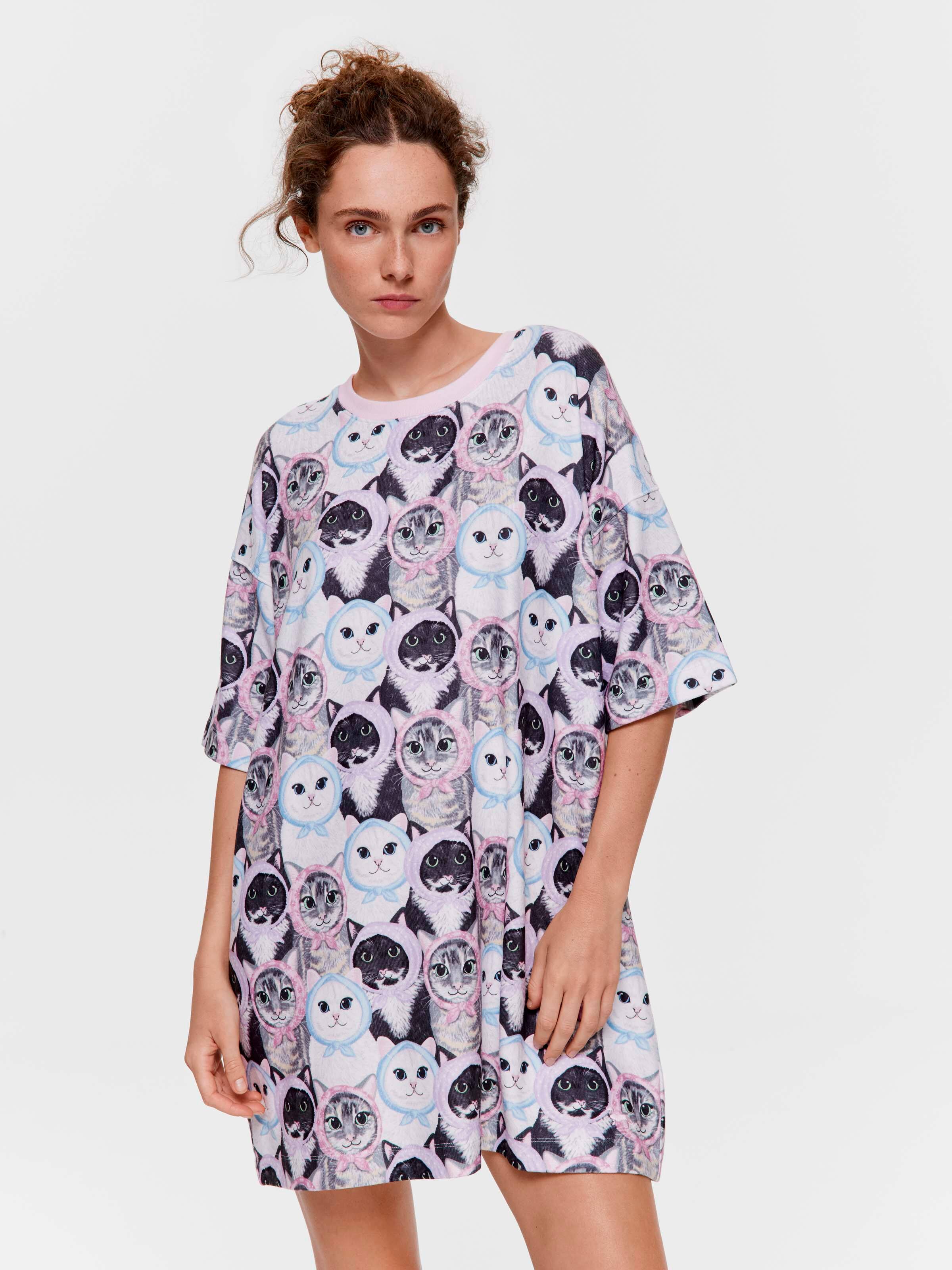 Babushka Cat Plush Oversized Sleep Tee
