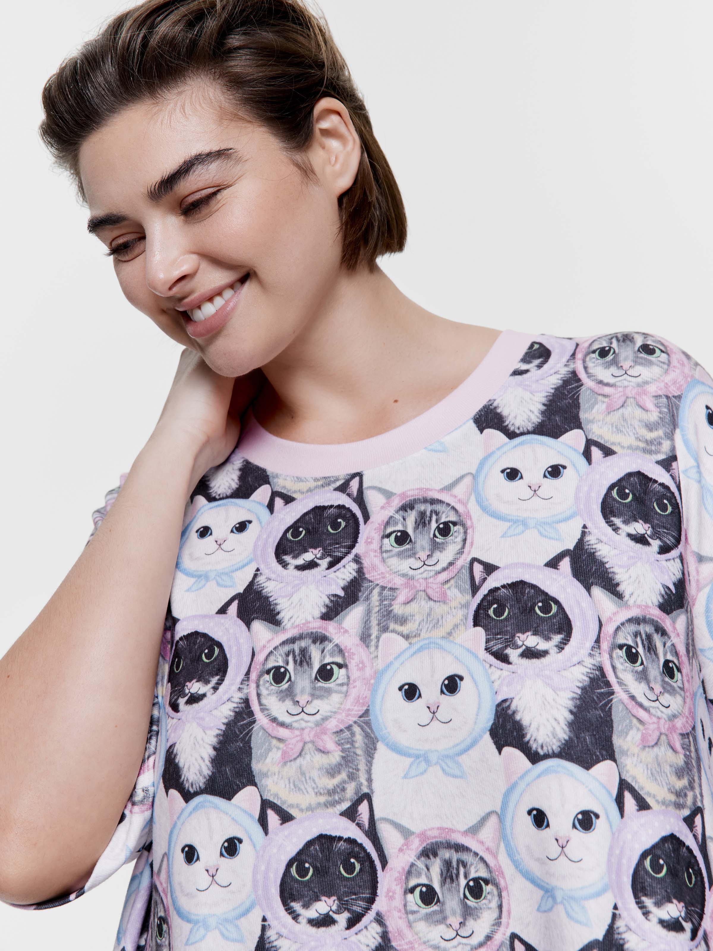 P.A. Plus Babushka Cat Plush Oversized Sleep Tee