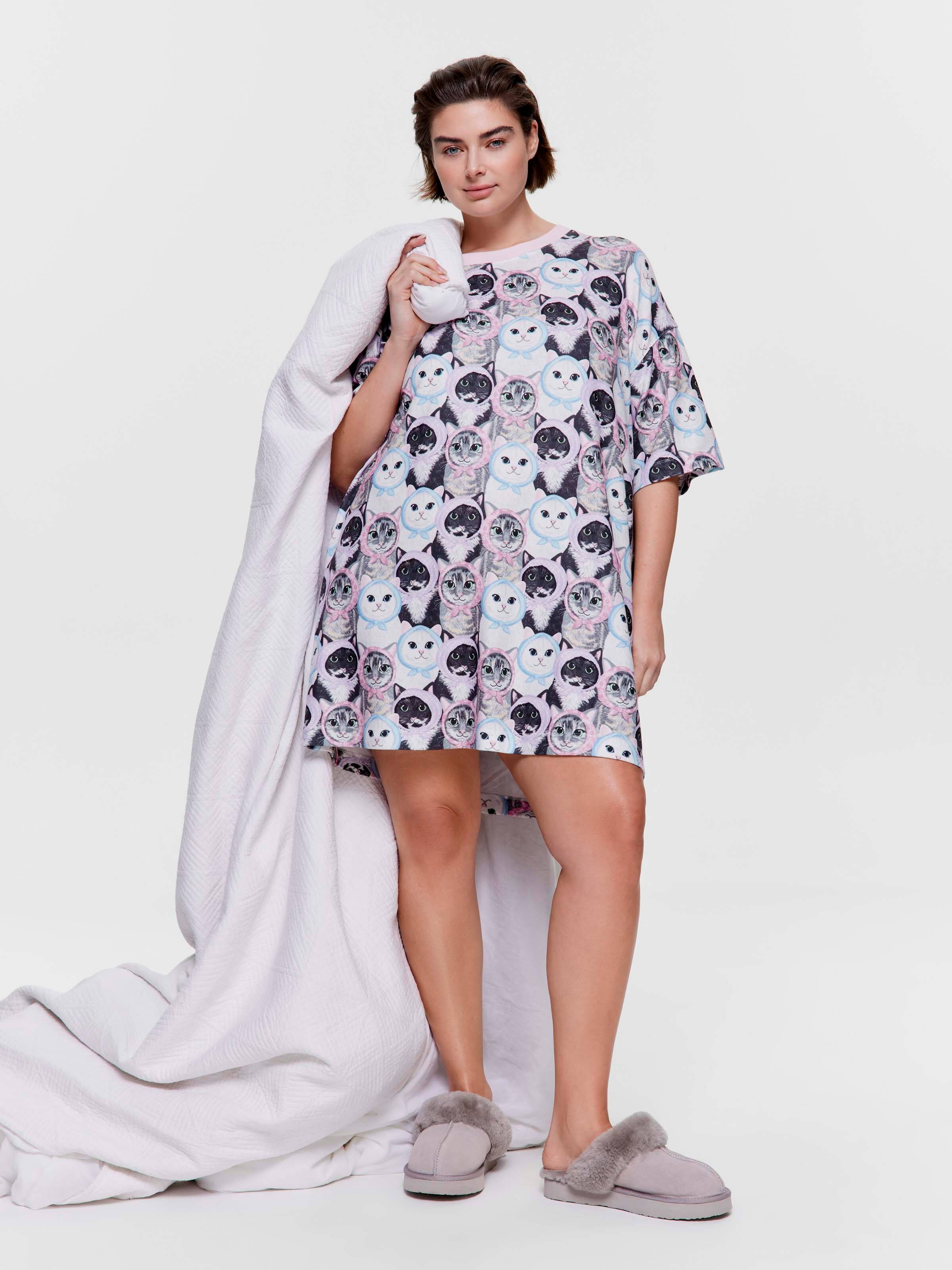 P.A. Plus Babushka Cat Plush Oversized Sleep Tee