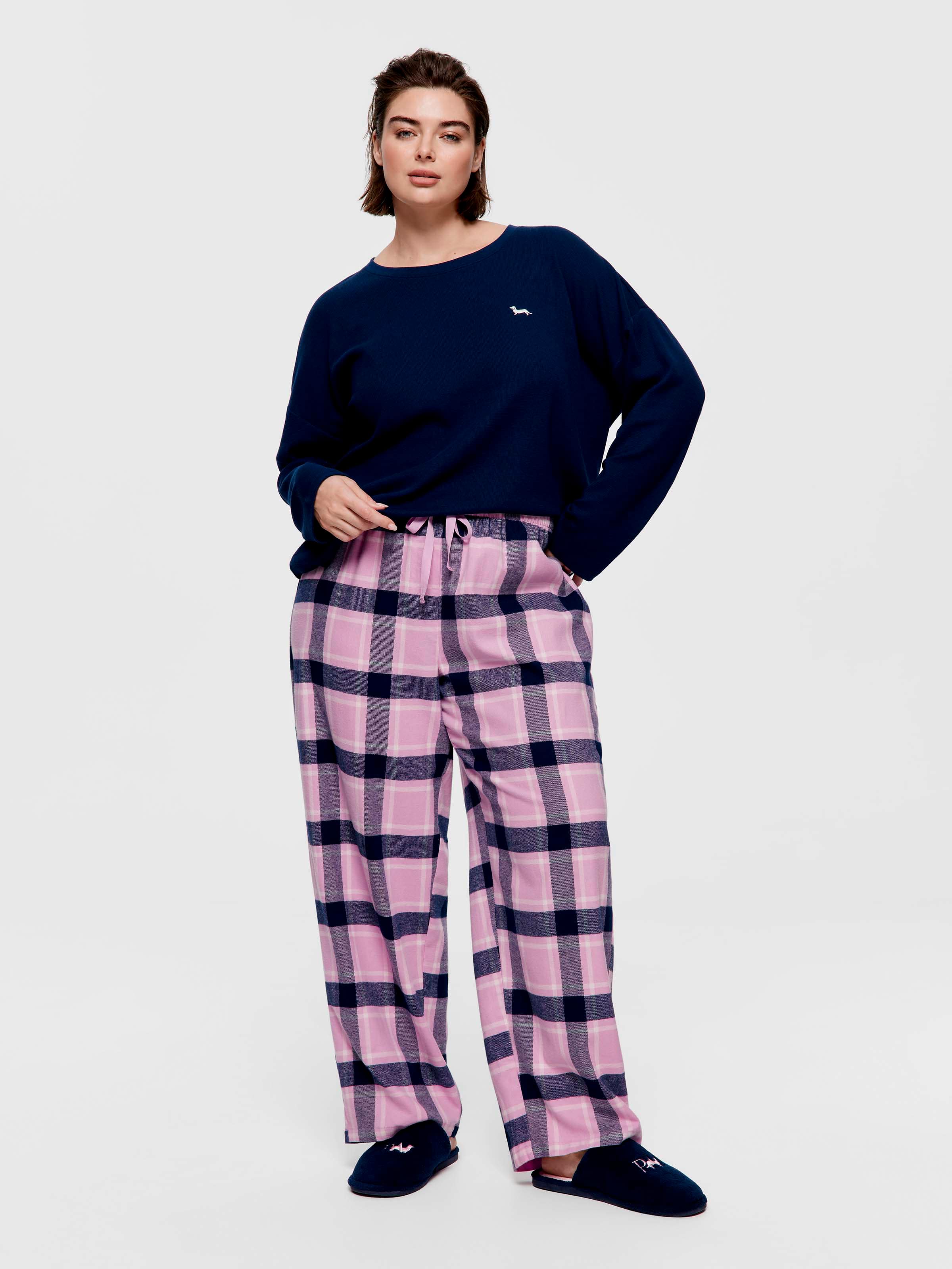P.A. Plus Navy Lilac Check 100% Cotton Flannelette Classic Pj Pant