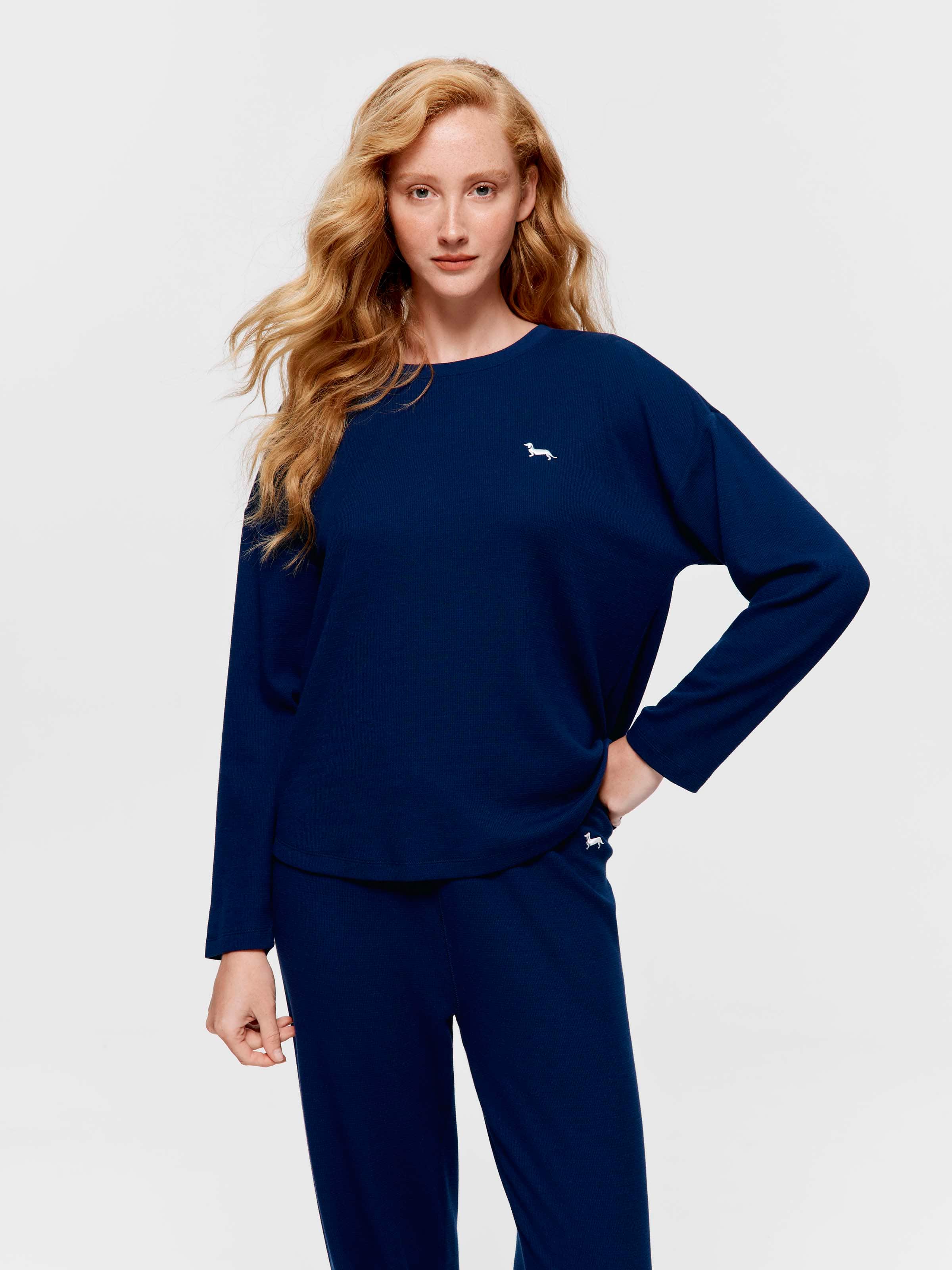 Navy Waffle Long Sleeve Top