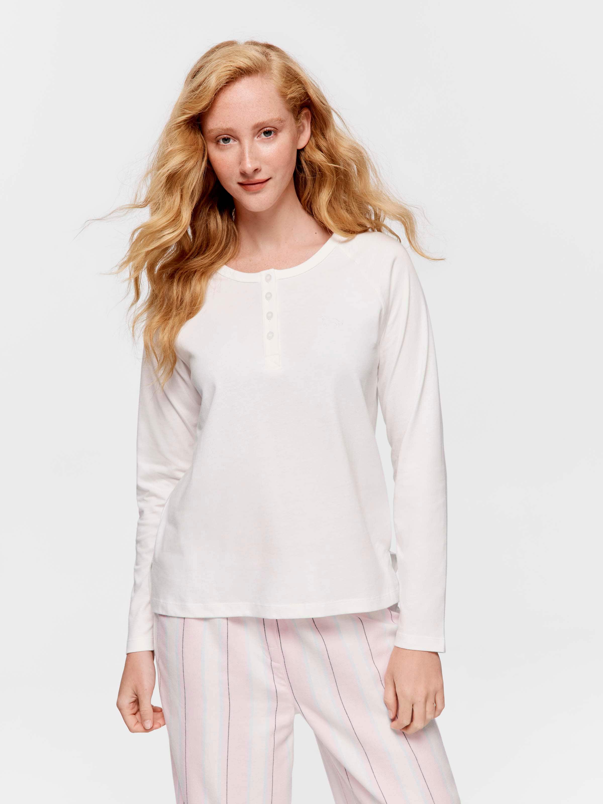 Cream Henley 100% Cotton Long Sleeve Top