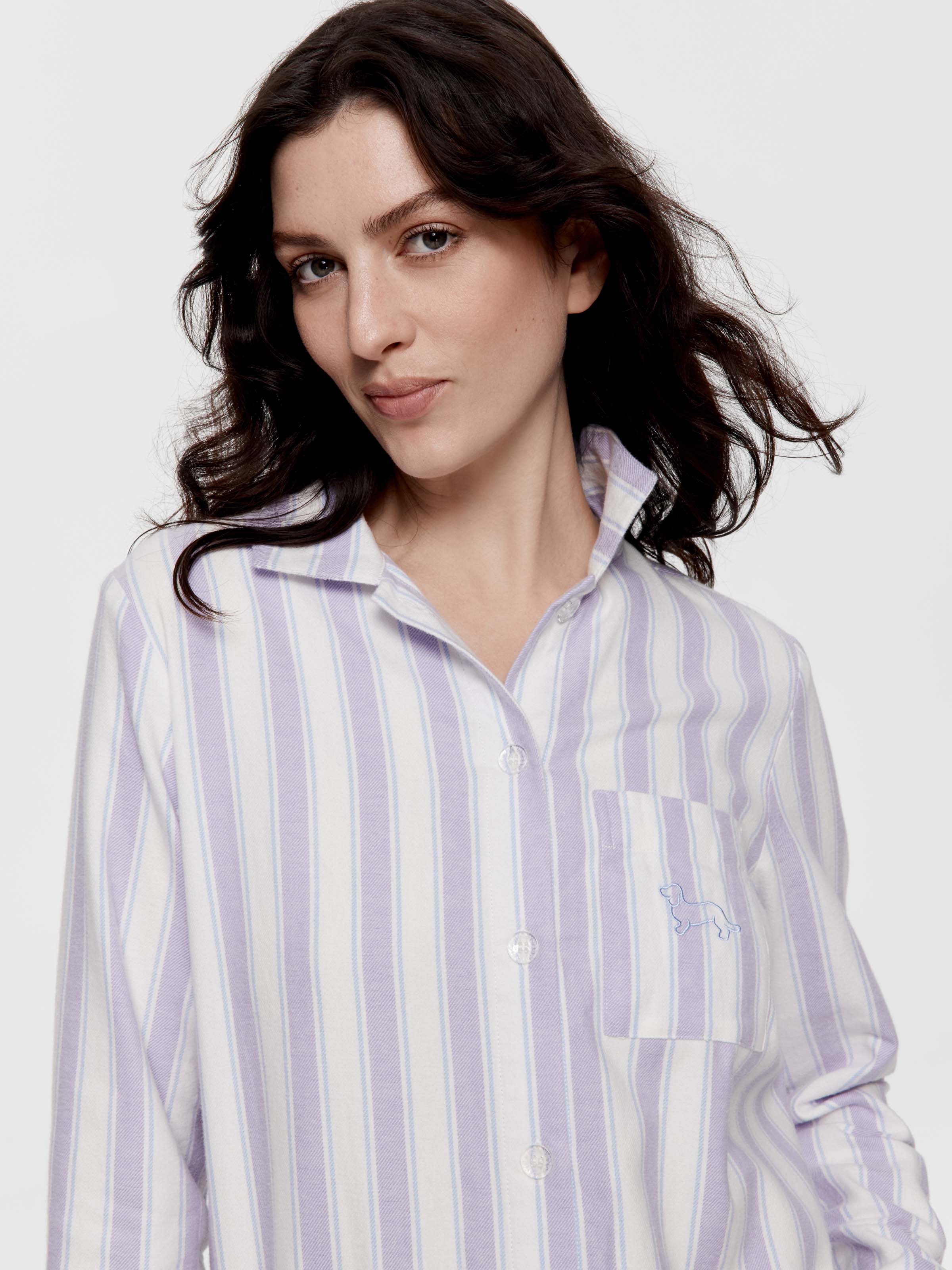 Lilac Stripe 100% Cotton Flannelette Long Sleeve Nightshirt