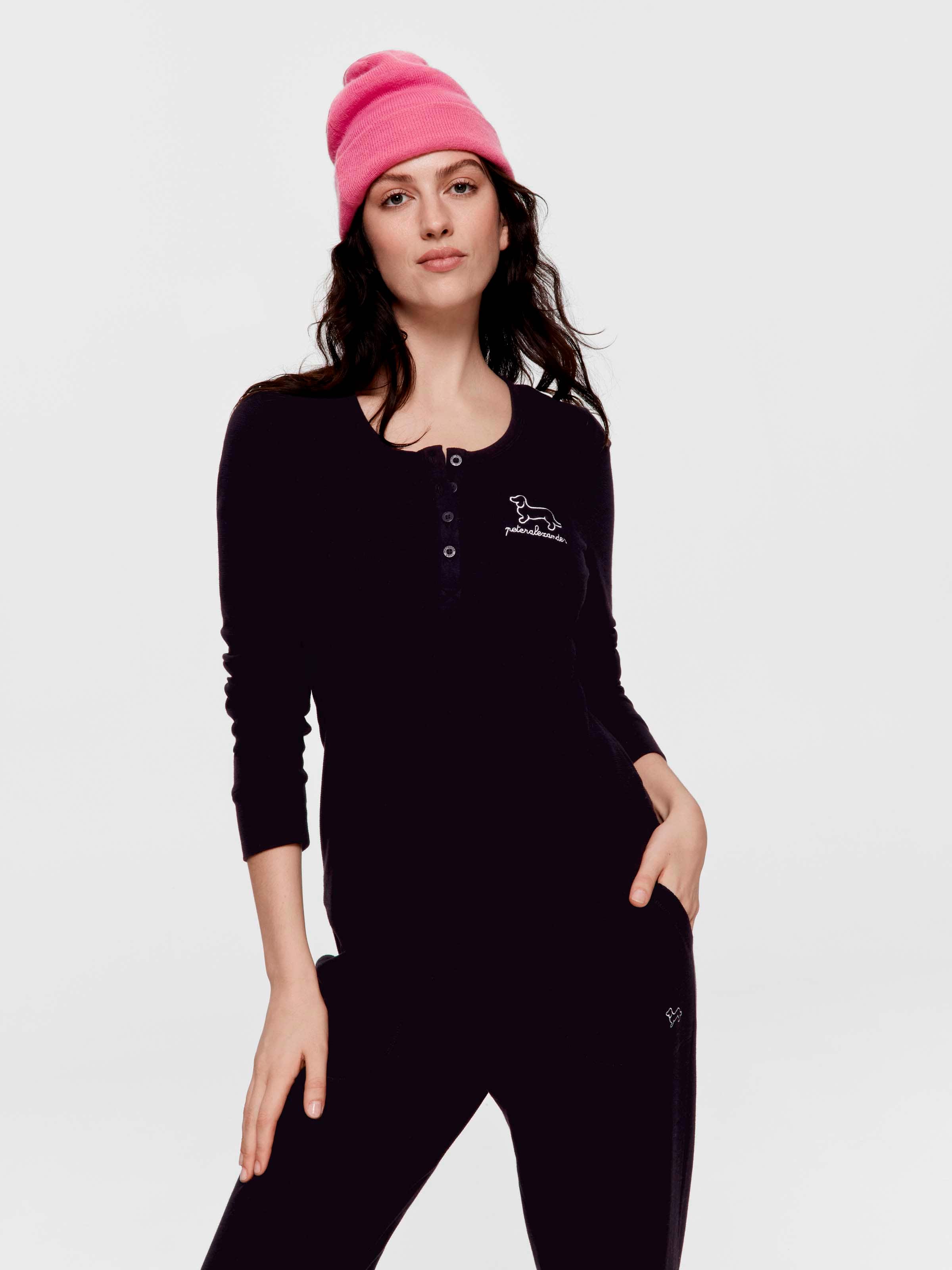 Black Waffle Henley Long Sleeve Top
