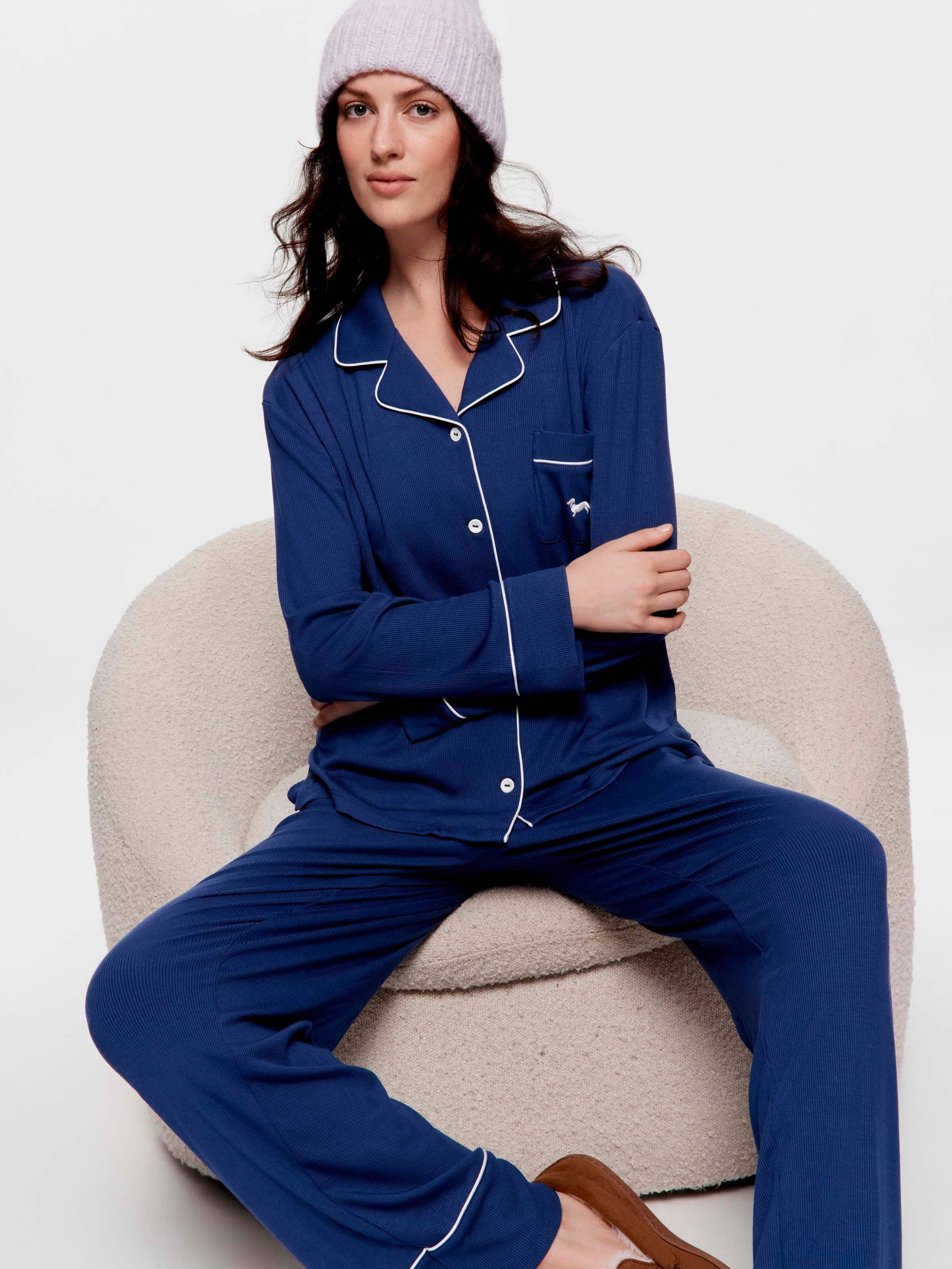 Petrol Blue Bamboo Rib Long Pj Set