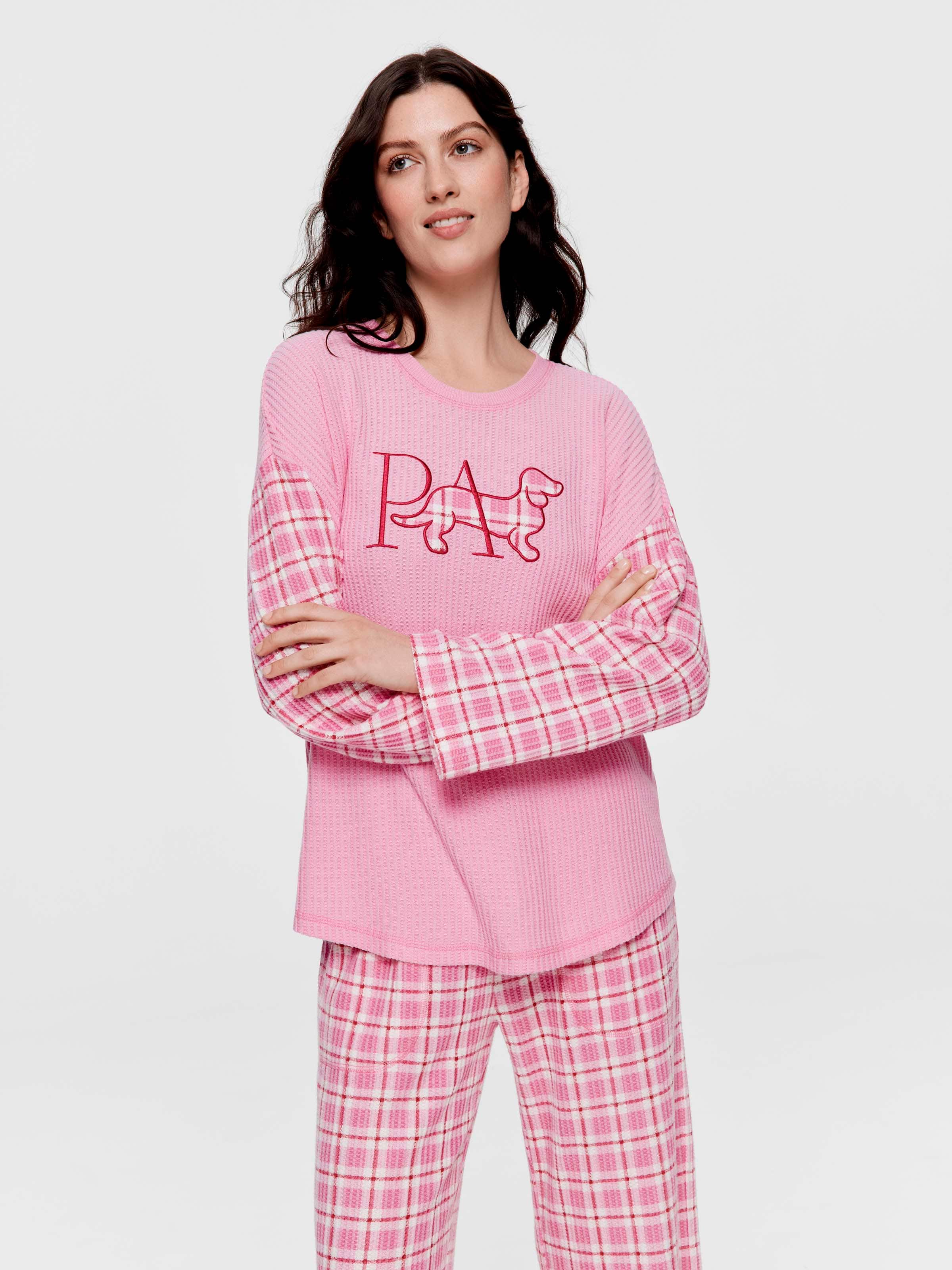 Pink Check Brushed Waffle Oversized Long Sleeve Top