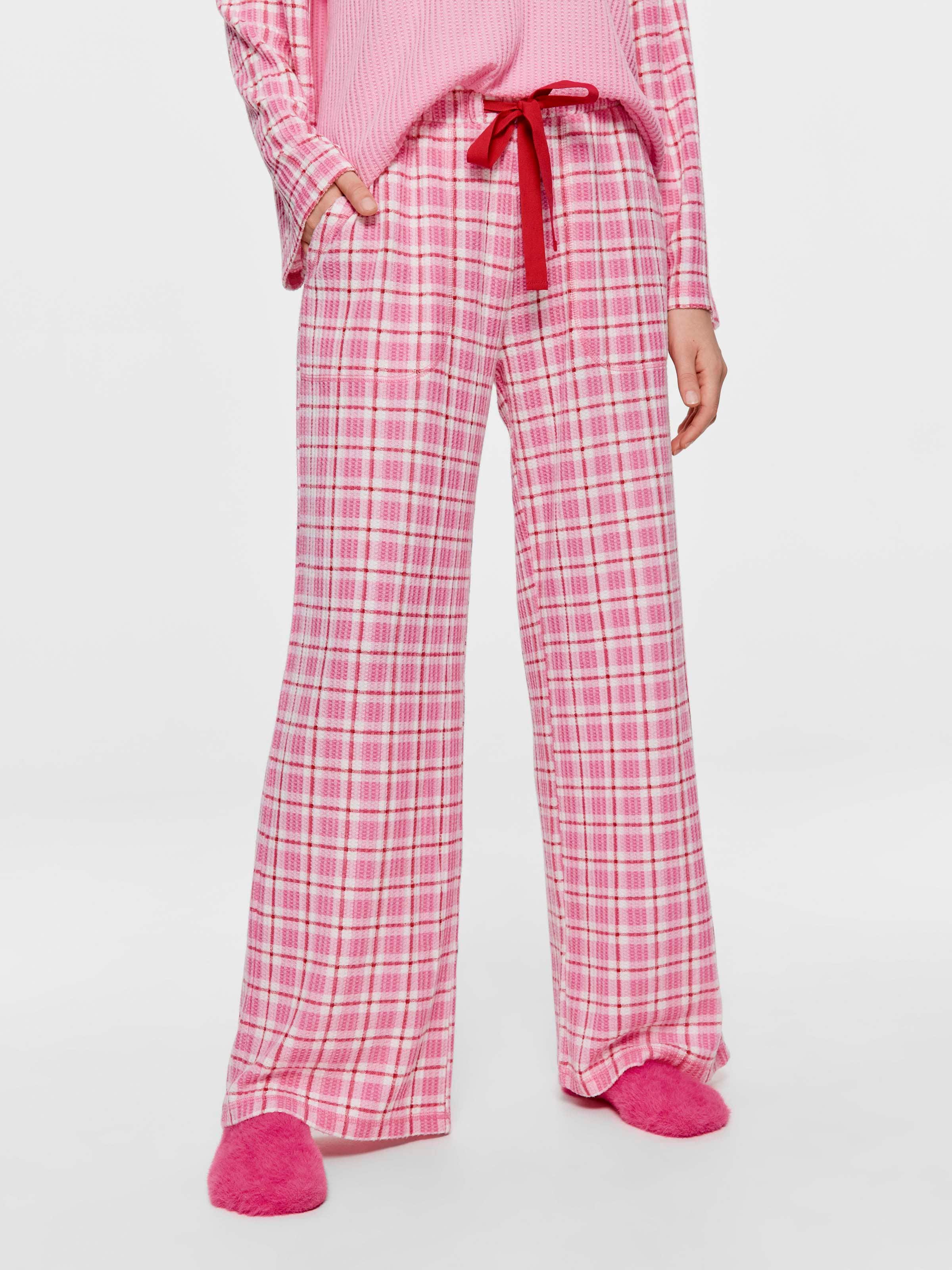 Pink Check Brushed Waffle Wide Leg Pj Pant
