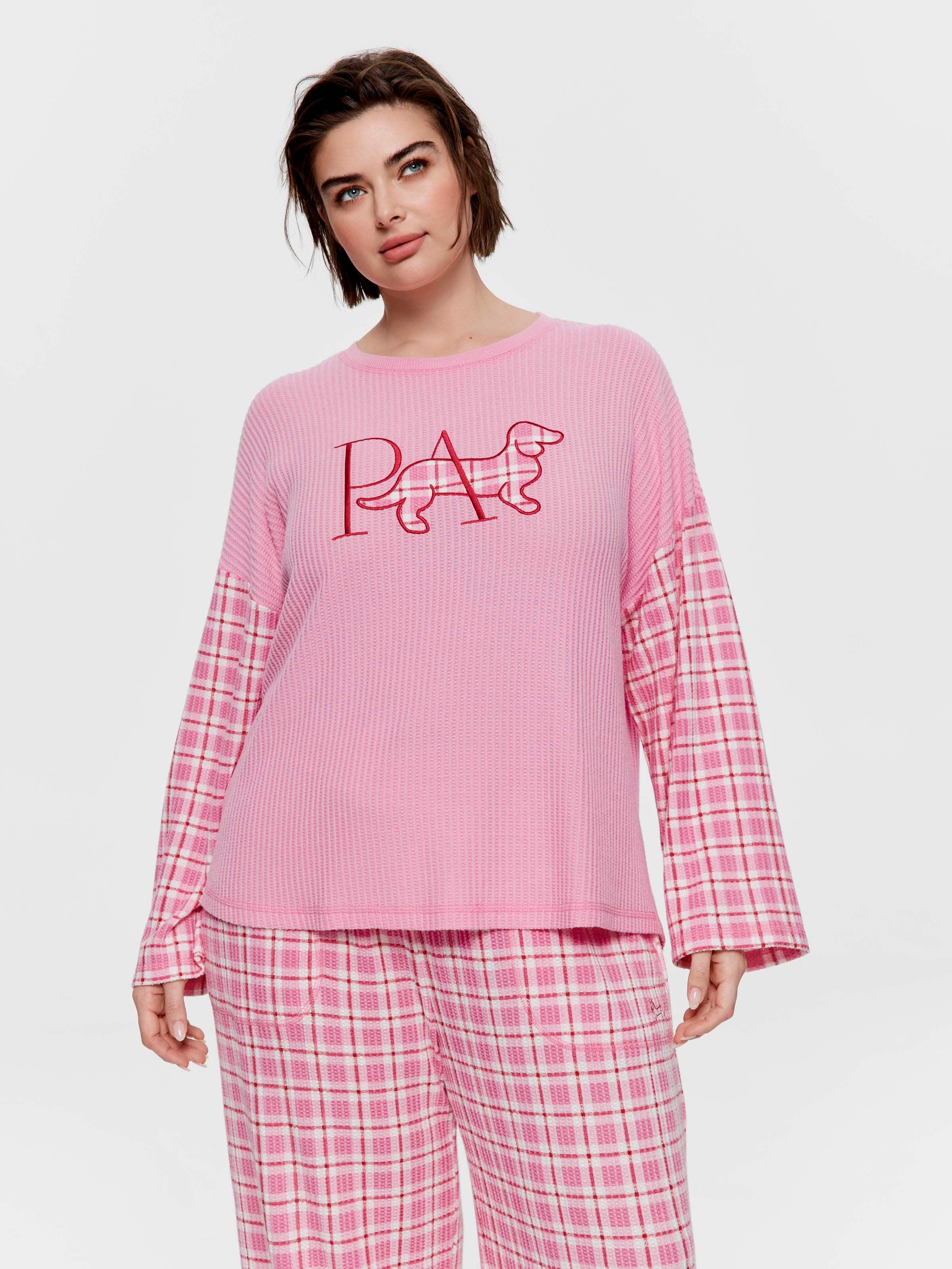P.A. Plus Pink Check Brushed Waffle Oversized Long Sleeve Top