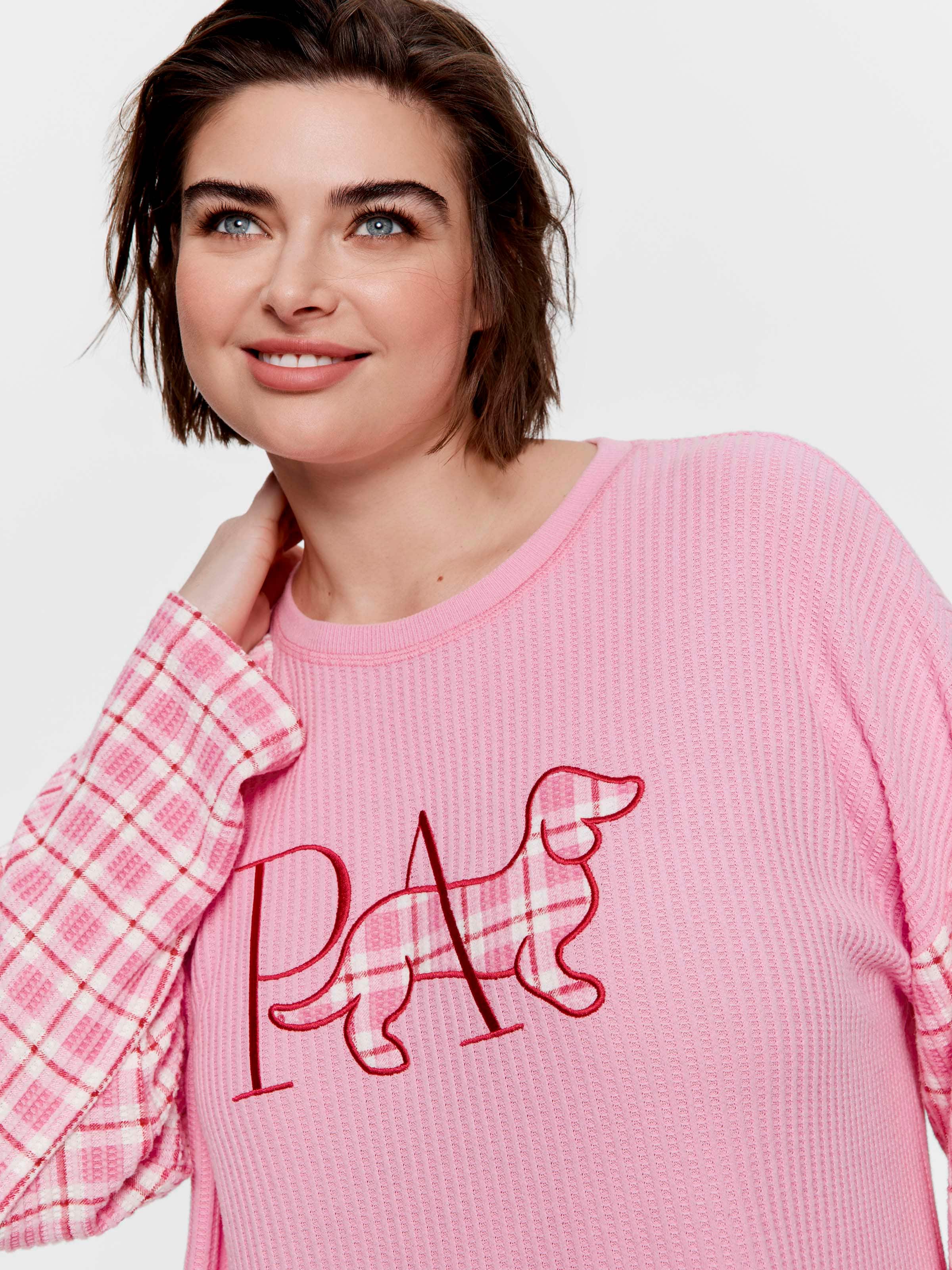 P.A. Plus Pink Check Brushed Waffle Oversized Long Sleeve Top