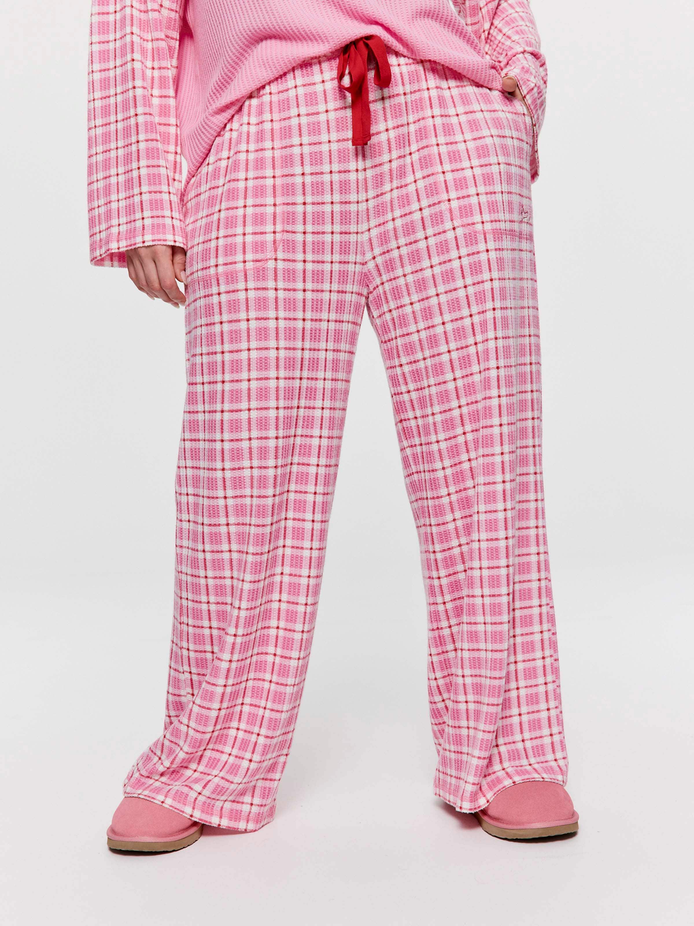 P.A. Plus Pink Check Brushed Waffle Wide Leg Pj Pant