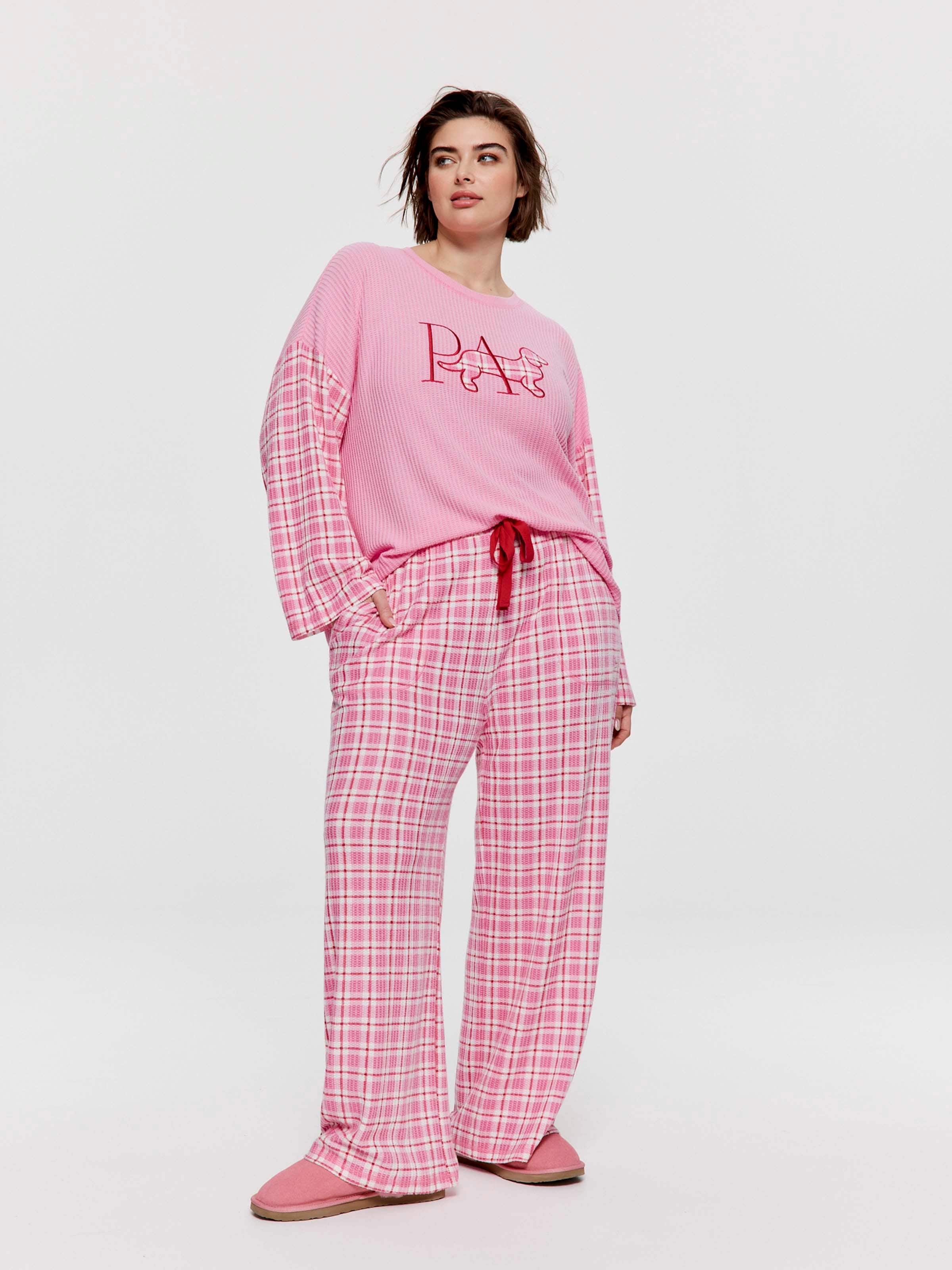 P.A. Plus Pink Check Brushed Waffle Wide Leg Pj Pant