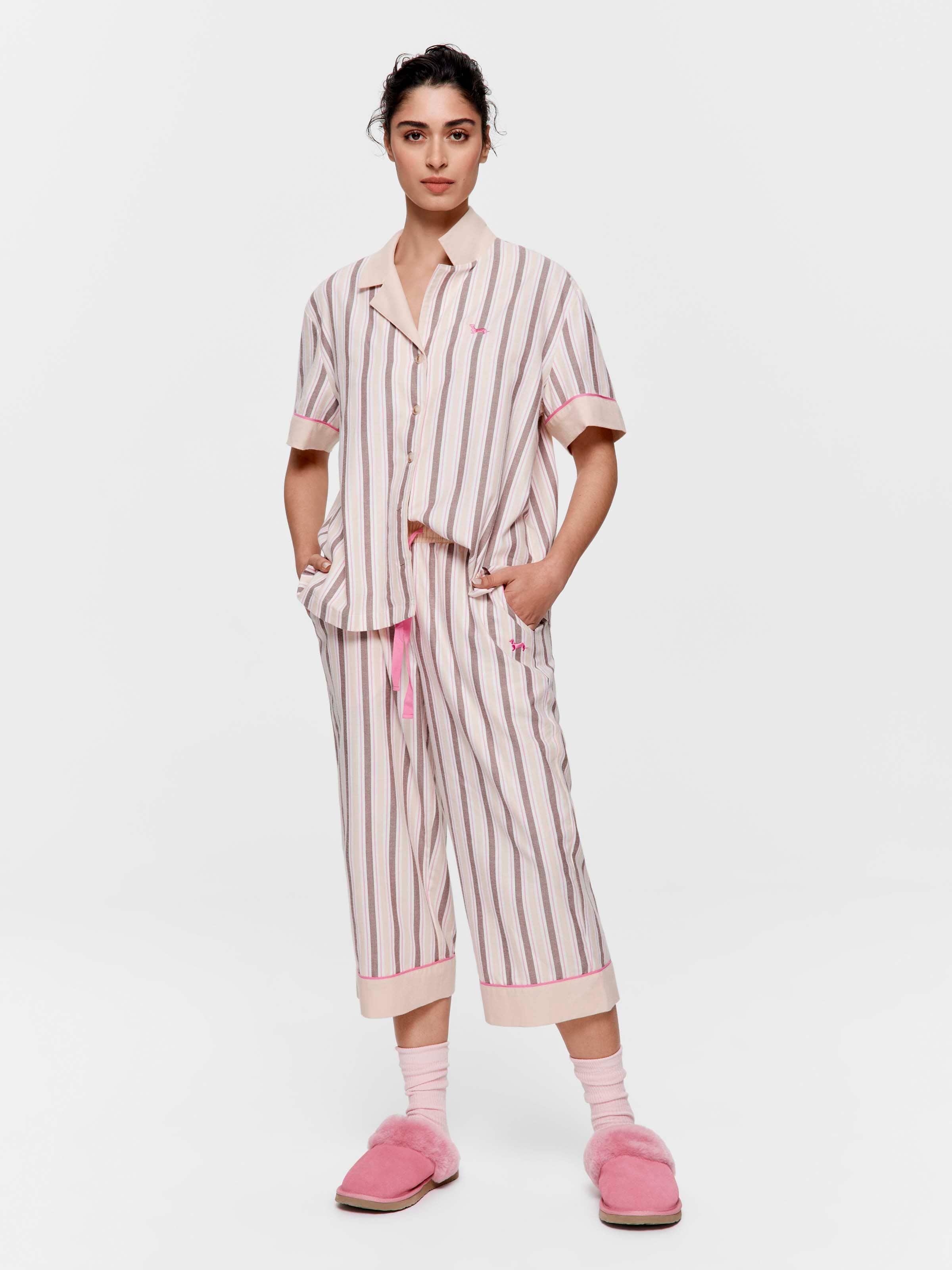 Caramel & Brown Stripe 100% Cotton 3/4 Pj Pant