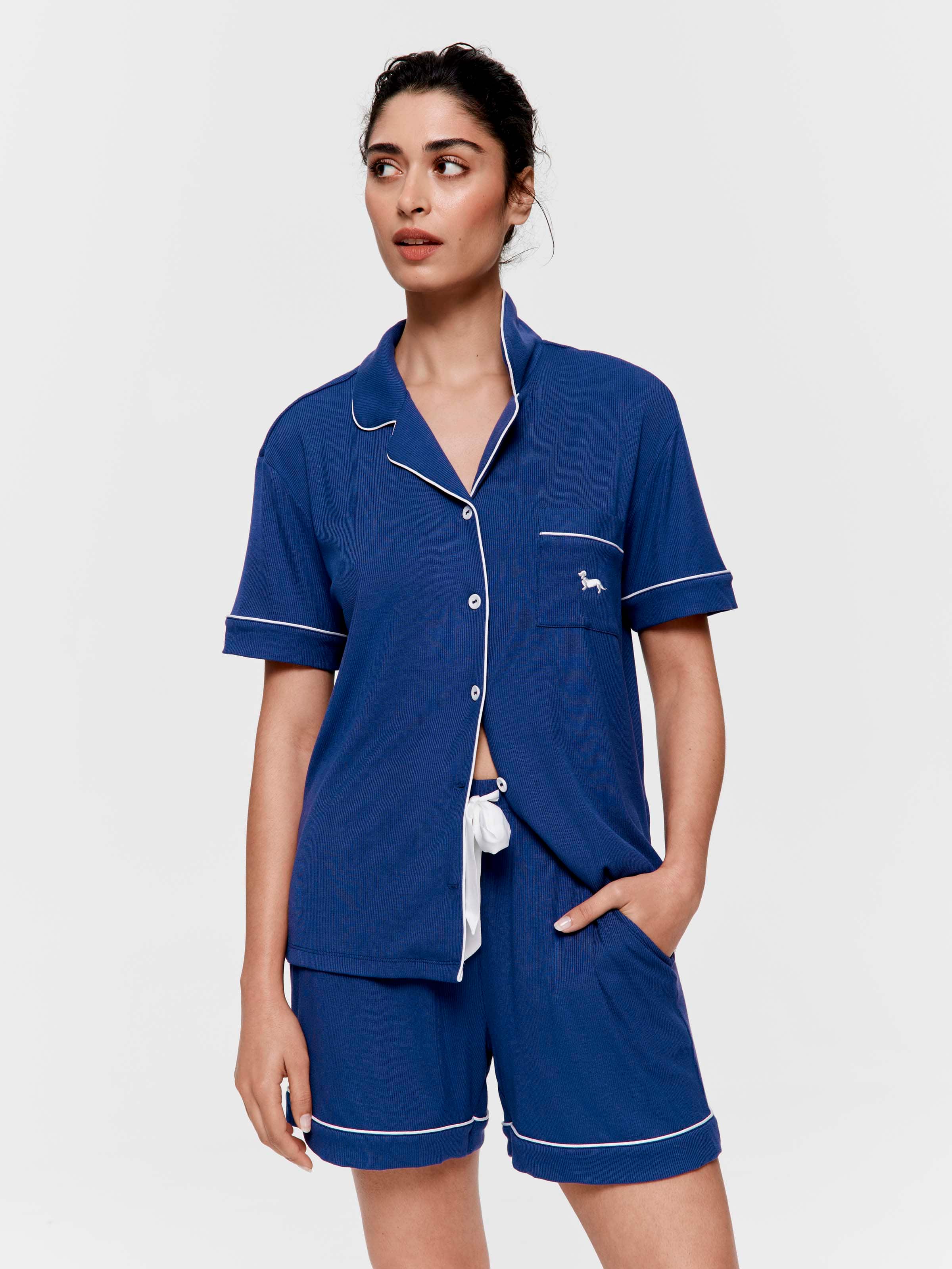 Petrol Blue Bamboo Rib Shortie Pj Set