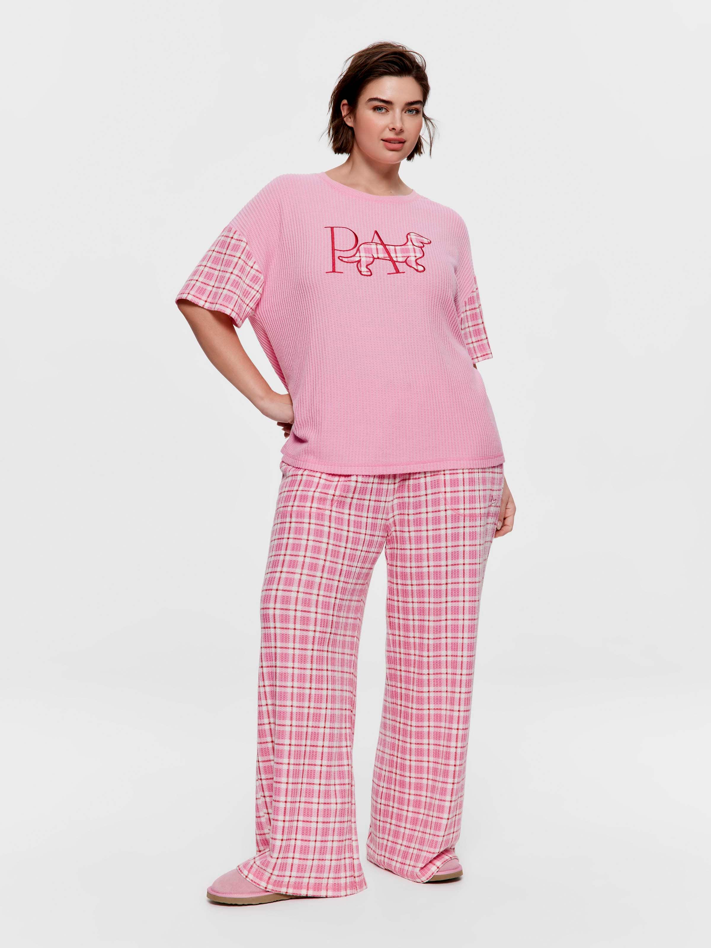 P.A. Plus Pink Check Brushed Waffle Oversized Tee