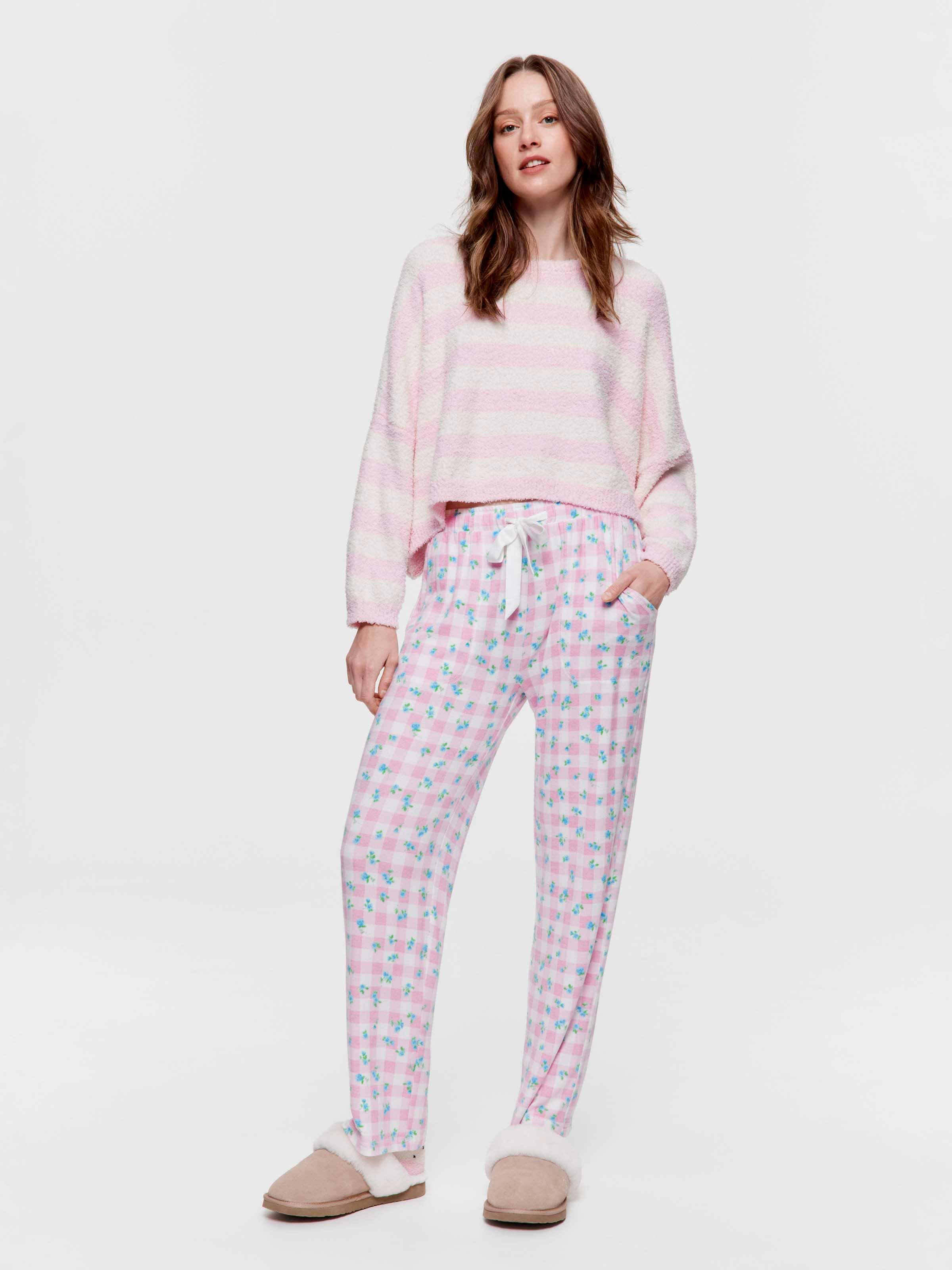 Gingham Floral Fuzzy Straight Leg Pj Pant