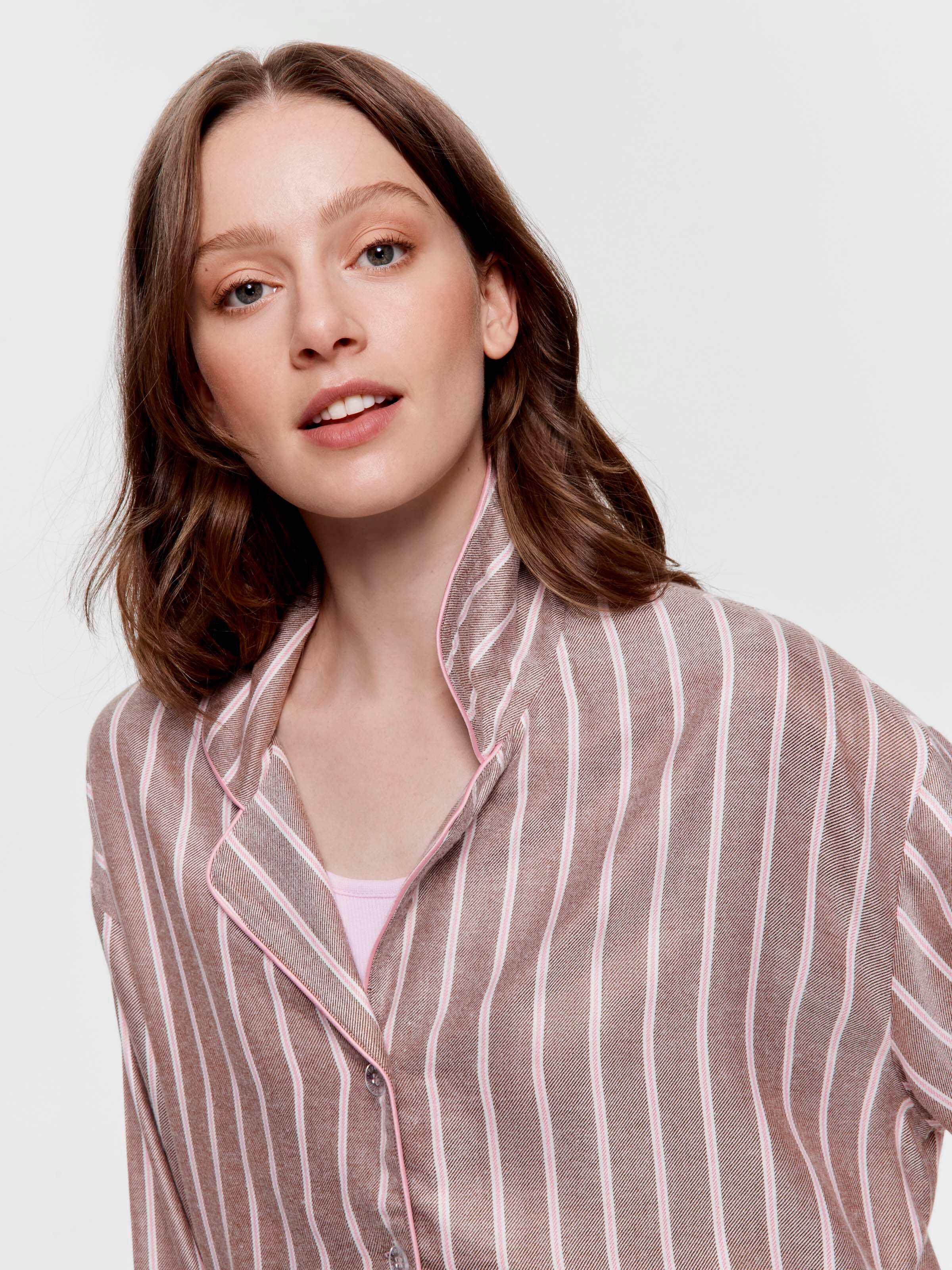Most Popular Chocolate Stripe Viscose Flannelette Boyfriend Long Sleeve Shirt