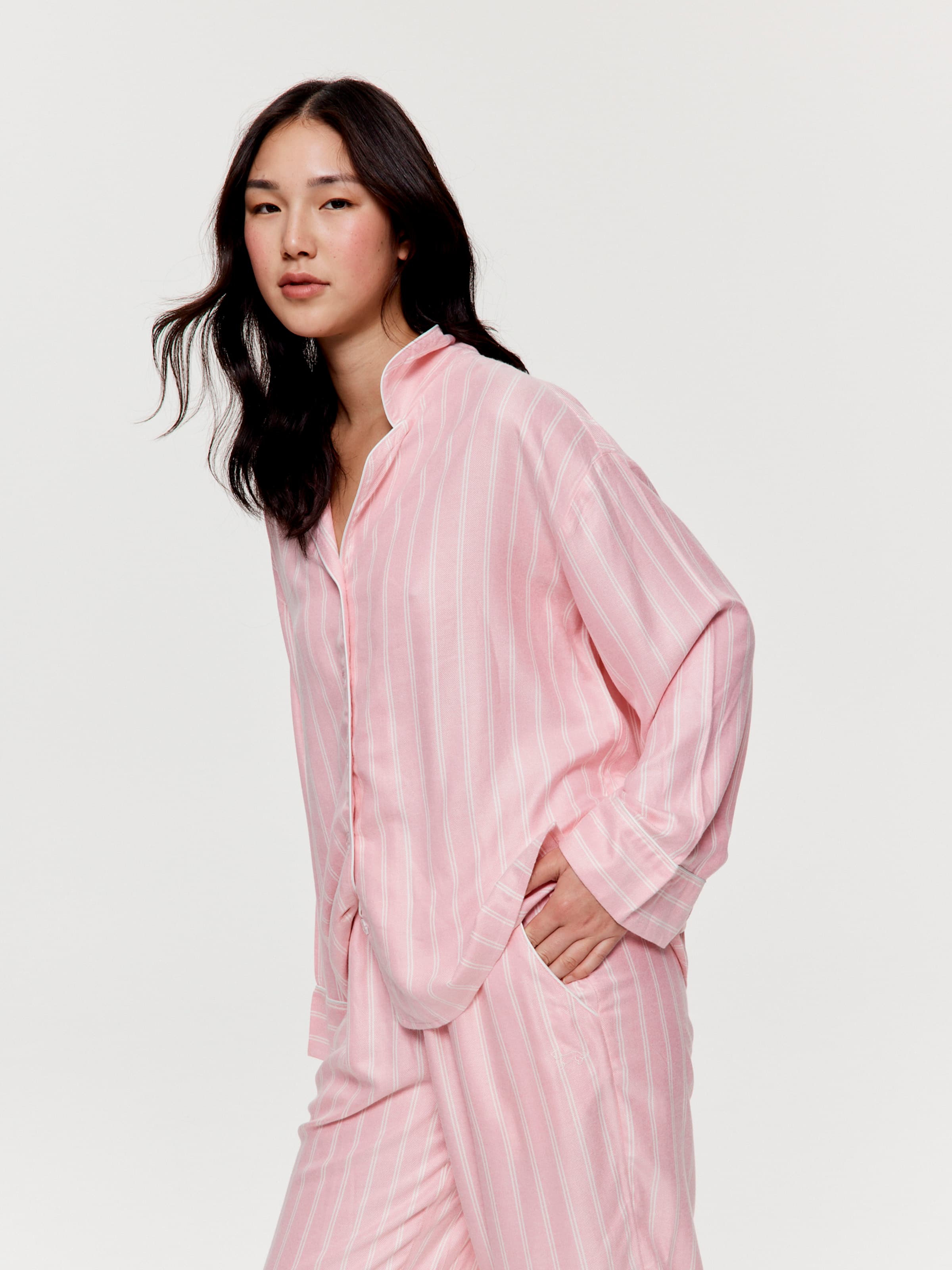 Dusty Pink Stripe Viscose Flannelette Boyfriend Long Sleeve Shirt