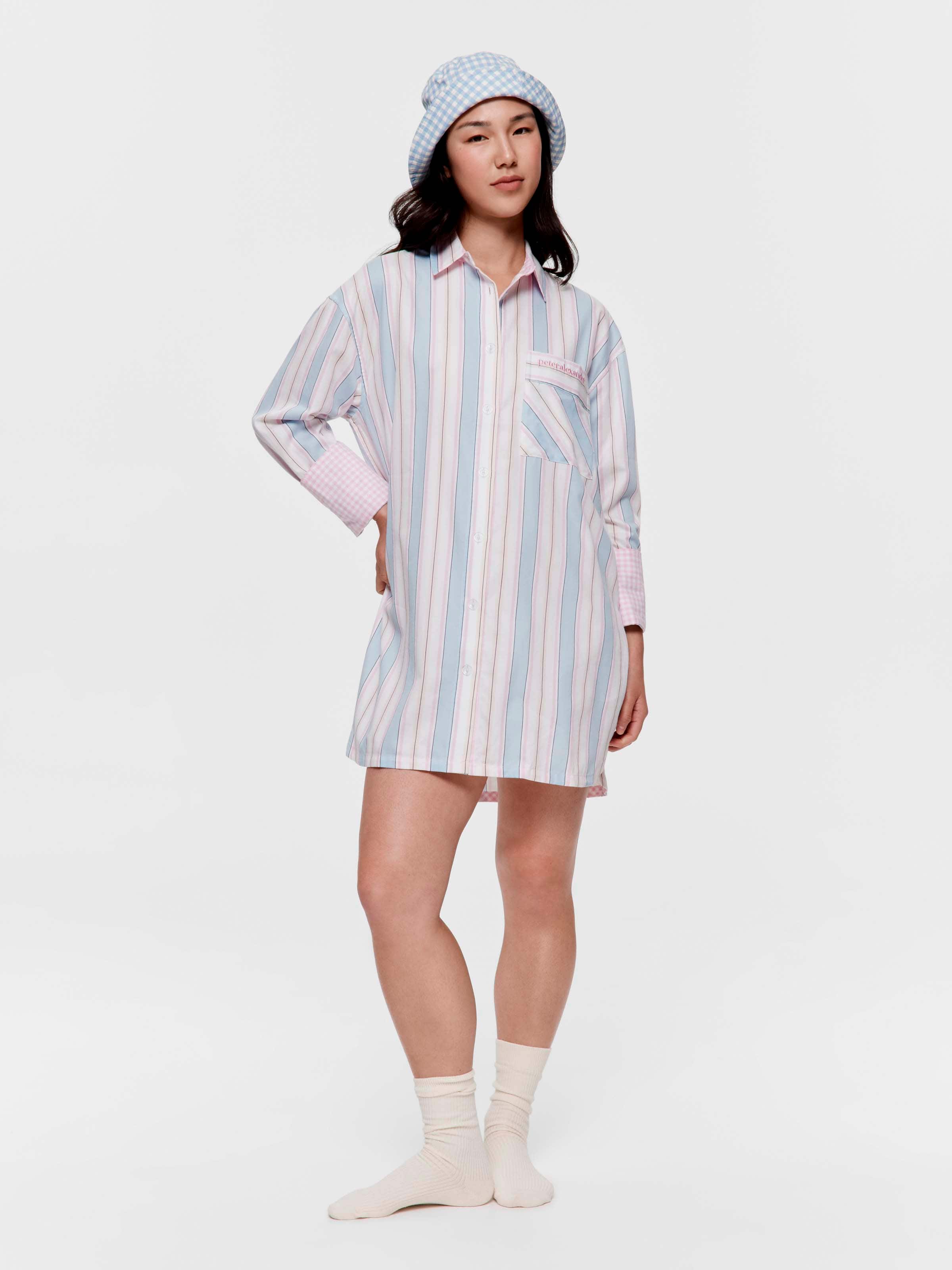 Mattress Stripe 100% Cotton Fashion Long Sleeve Nightshirt