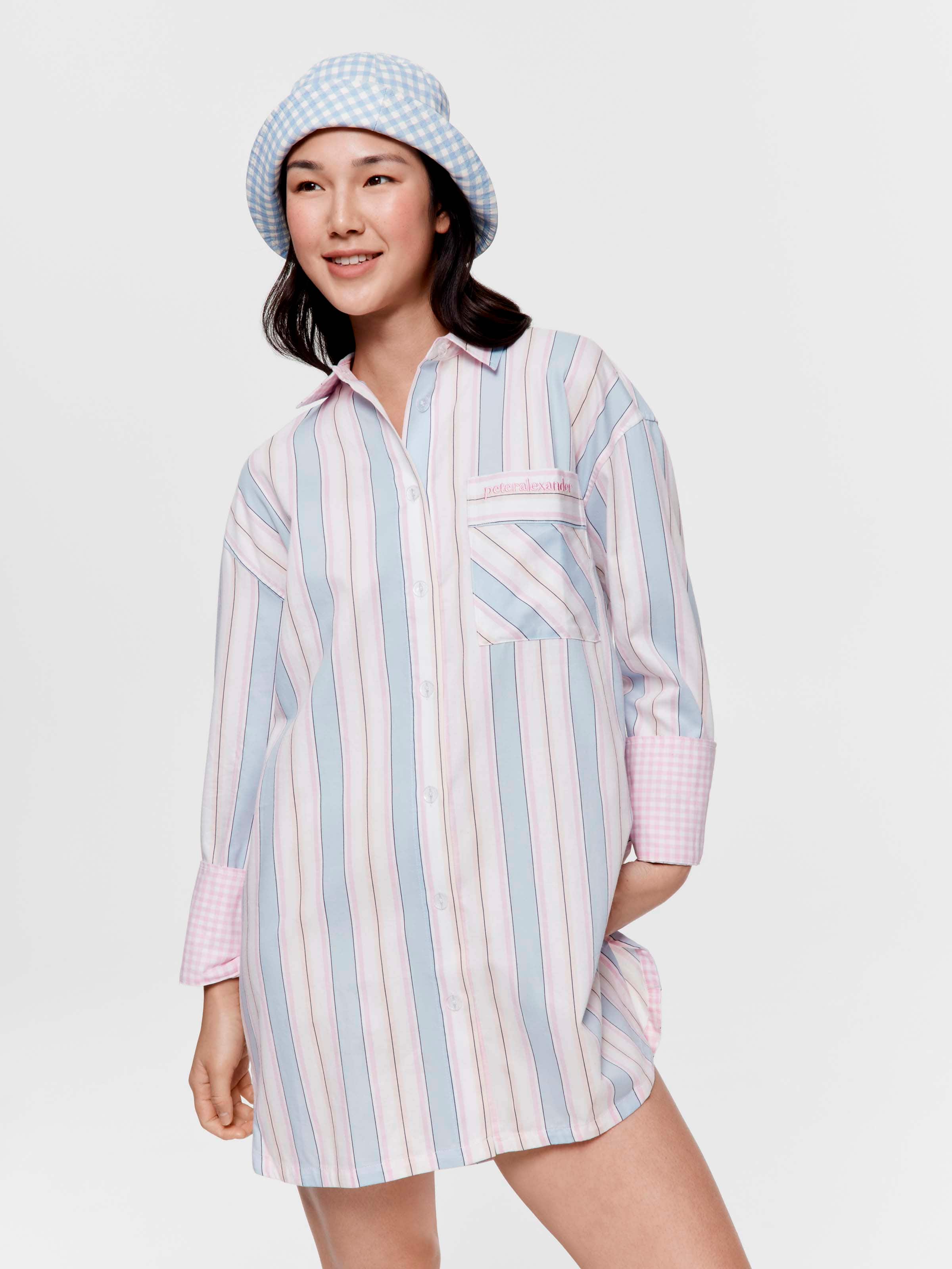 Mattress Stripe 100% Cotton Fashion Long Sleeve Nightshirt