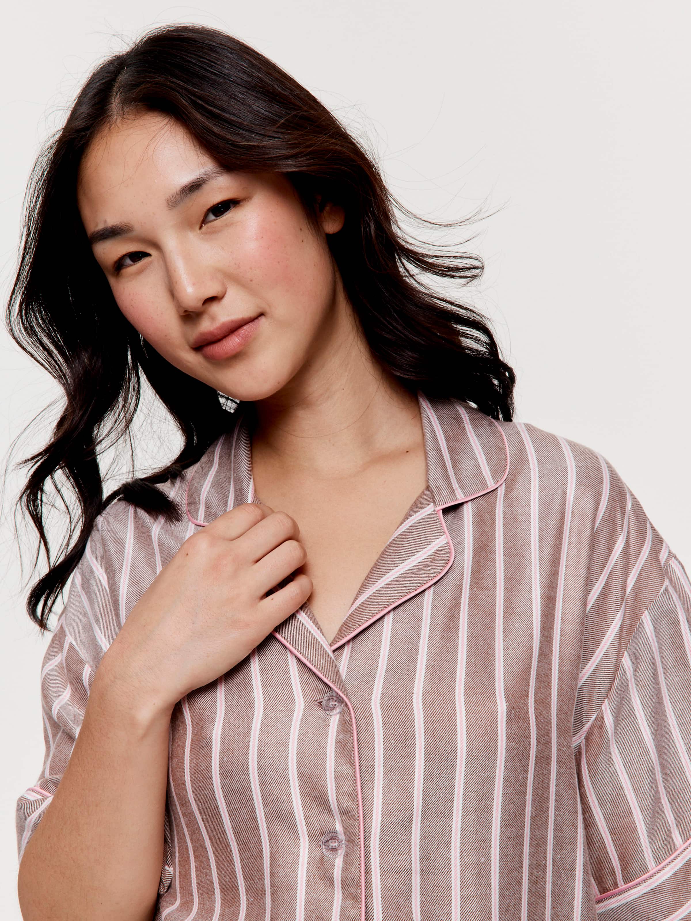 Chocolate Stripe Viscose Flannelette Boyfriend Short Sleeve Shirt