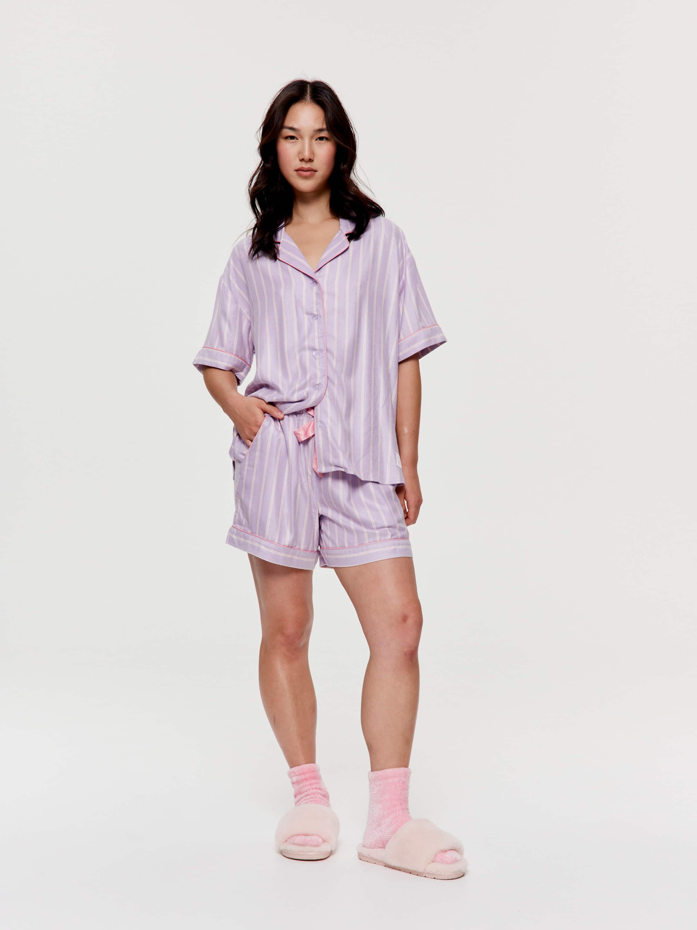 Lilac Stripe Viscose Flannelette Boyfriend Short Sleeve Shirt