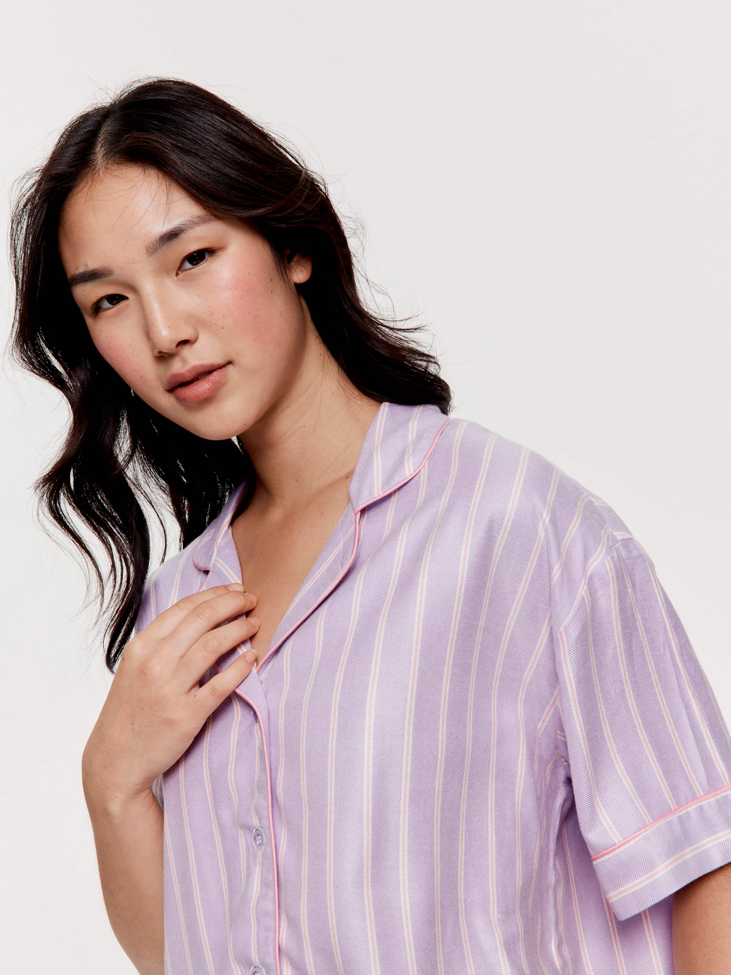Lilac Stripe Viscose Flannelette Boyfriend Short Sleeve Shirt