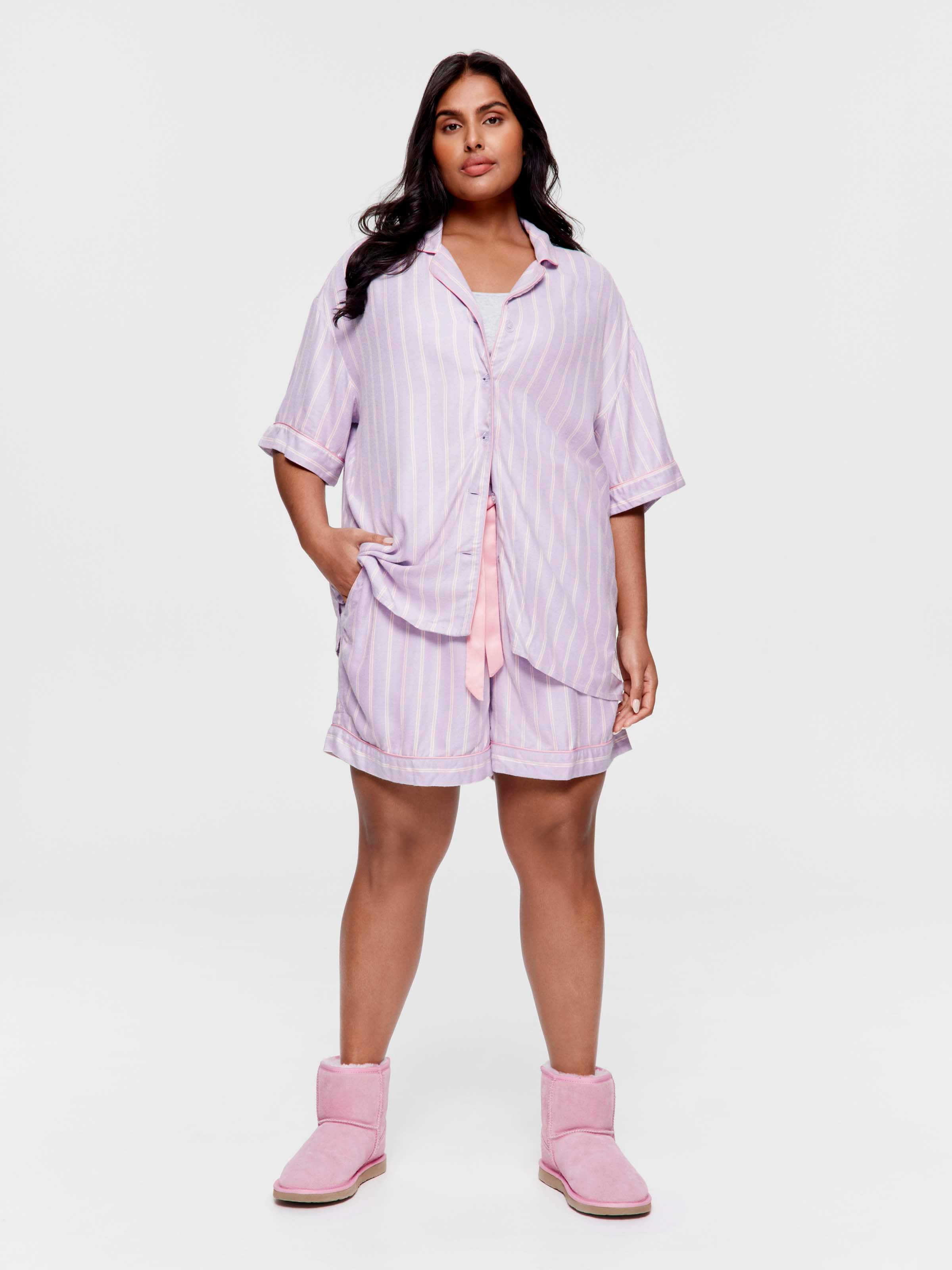 P.A. Plus Lilac Stripe Viscose Flannelette Boyfriend Short Sleeve Shirt