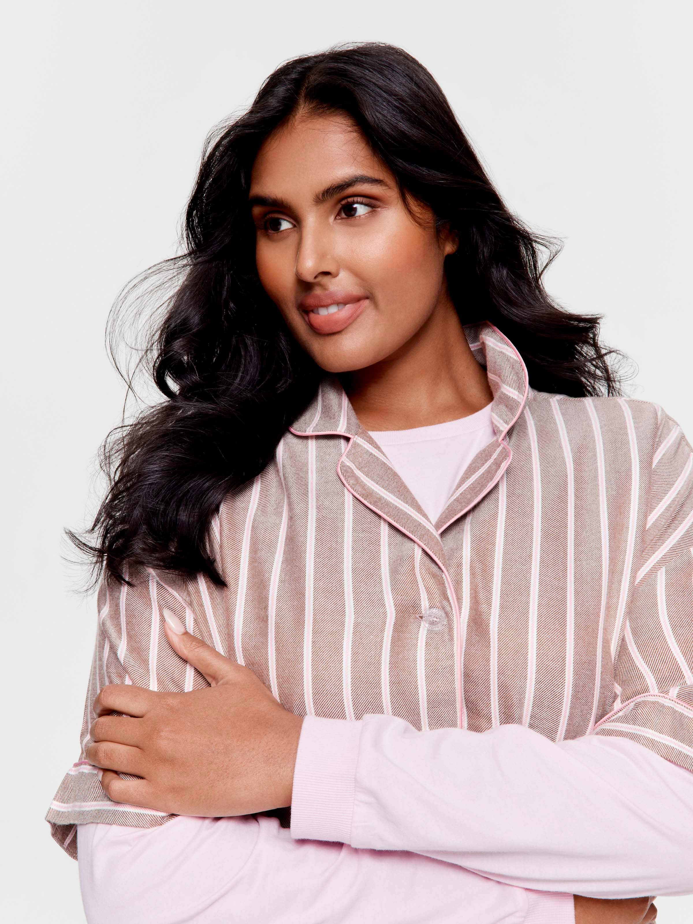 P.A. Plus Chocolate Stripe Viscose Flannelette Boyfriend Short Sleeve Shirt