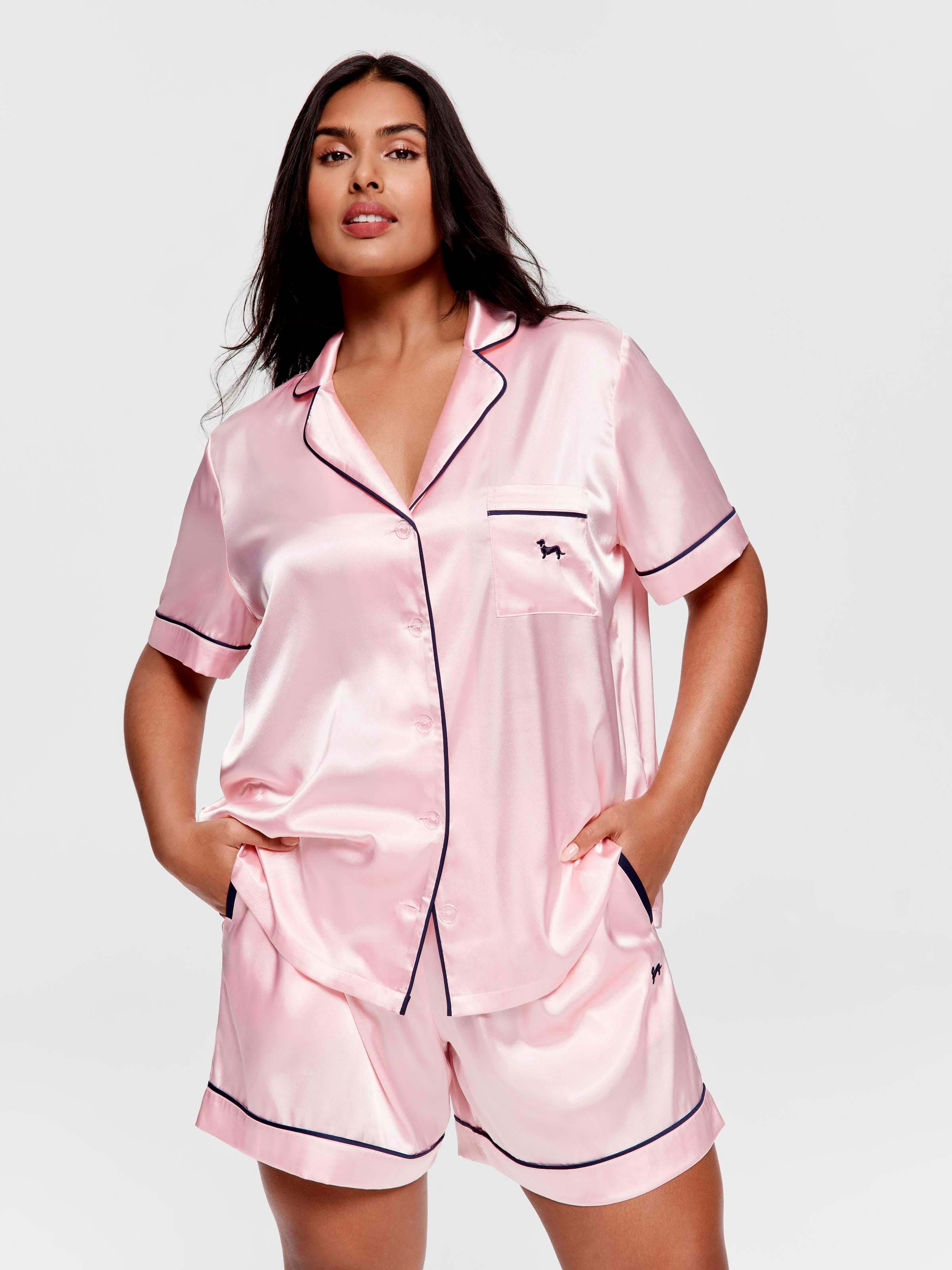 P.A. Plus Candy Pink Chic Satin Short Sleeve Shirt