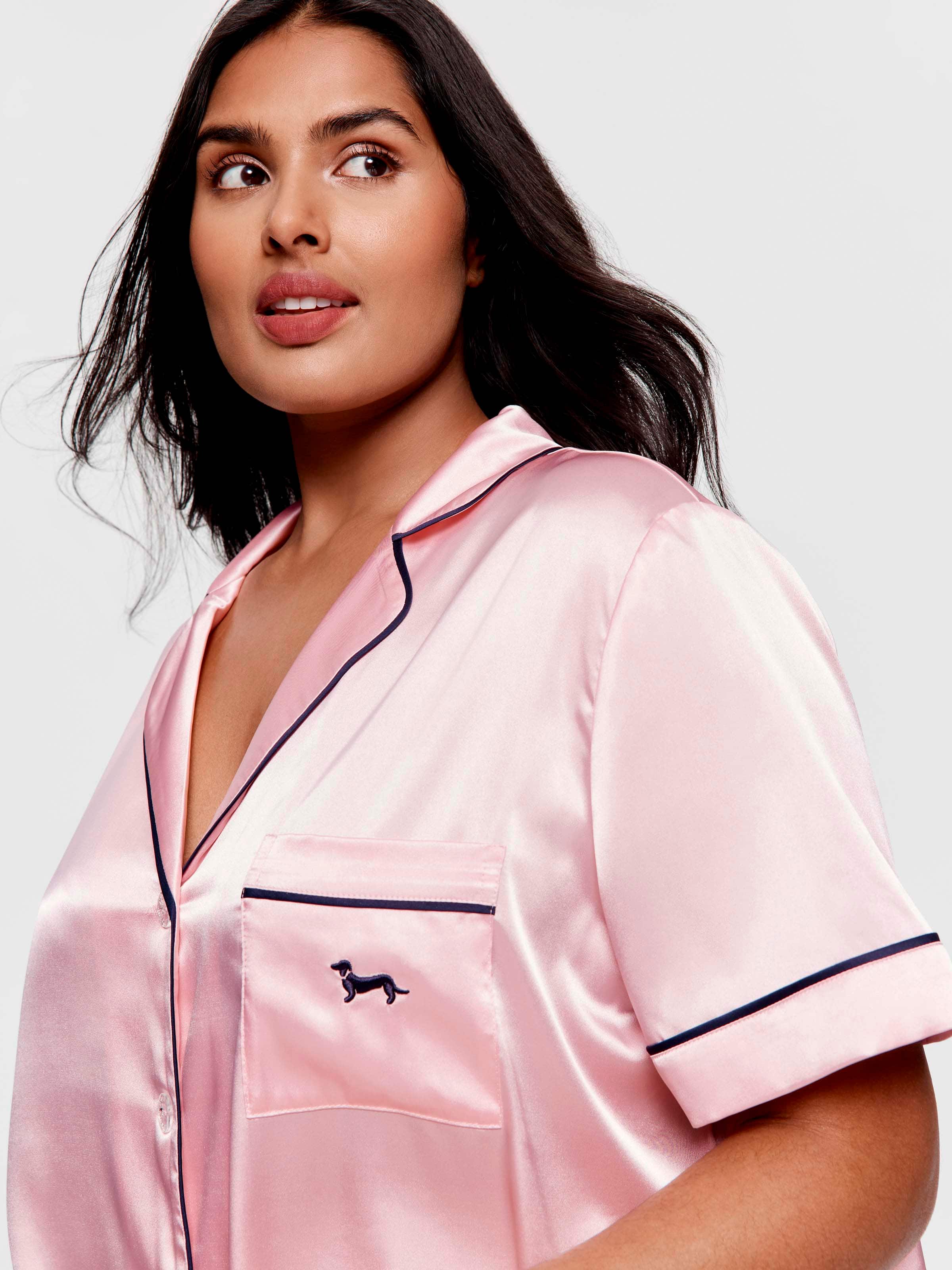 P.A. Plus Candy Pink Chic Satin Short Sleeve Shirt