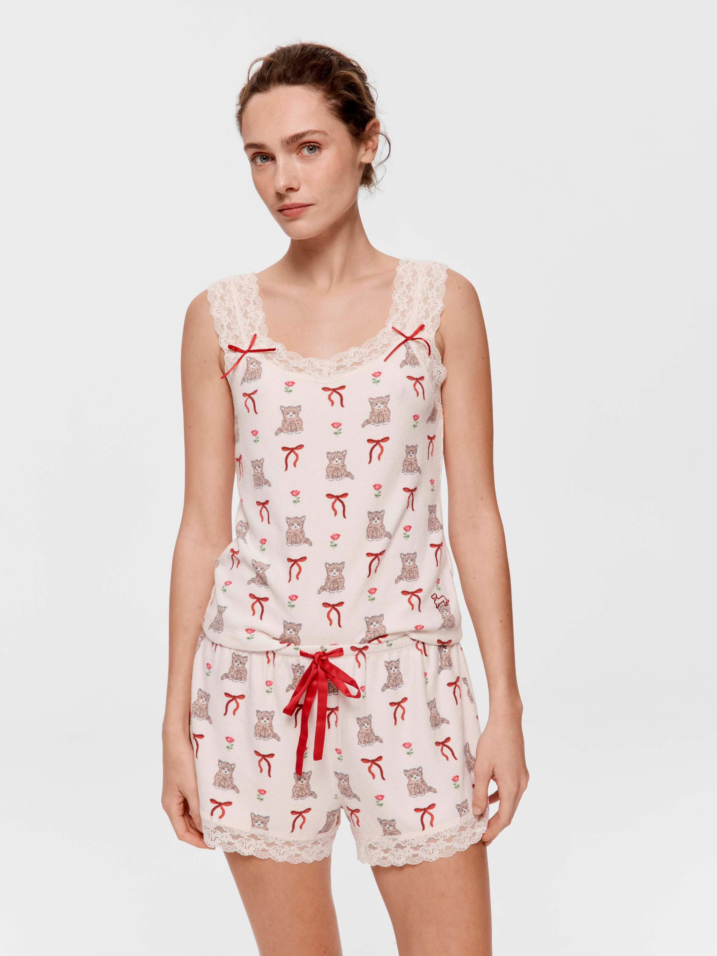 Kitty Bows Waffle Cami Pj Set